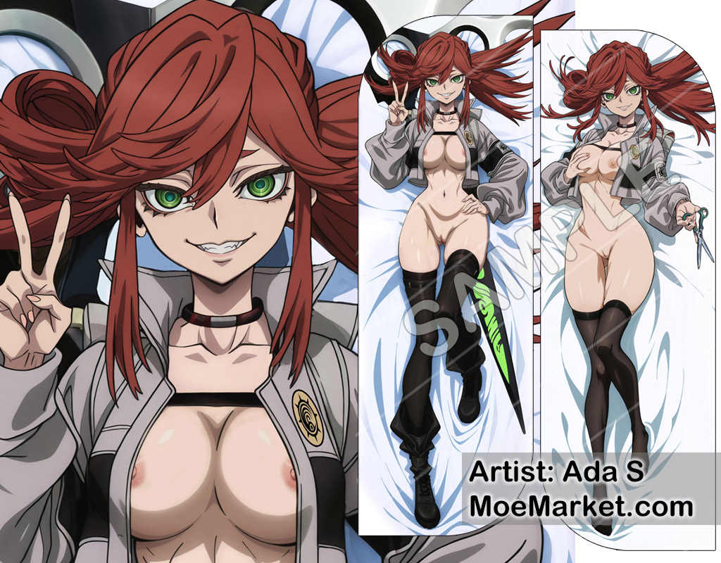 ada s, ai, ai generated, breasts, dakim, dakimakura, dakimakura design, gachiakuta, green eyes, looking at viewer, moemarket, nipples, pussy, red eyes, riyou reaper, short shorts, thigh gap, thighhighs, uncensored