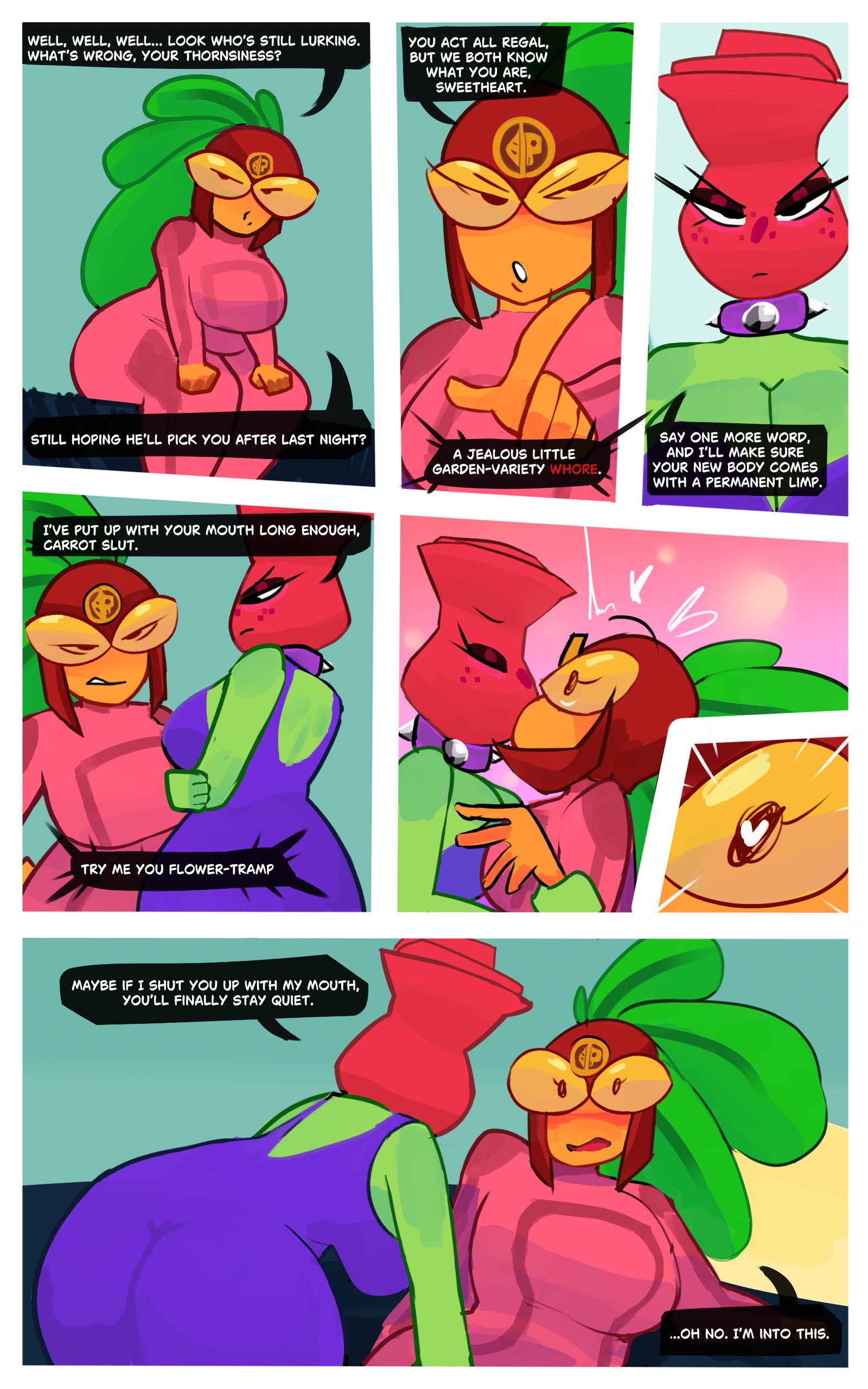 1girls, 2girls, anthro, anthrofied, ass, beta-carrotina (pvz), breasts, cheating, cheating wife, comic, comic page, female, flora fauna, freckles, mckeyes, plant, plant girl, plant humanoid, plantie, plants vs zombies, plants vs. zombies, popcap games, pussy, rose (pvz), text