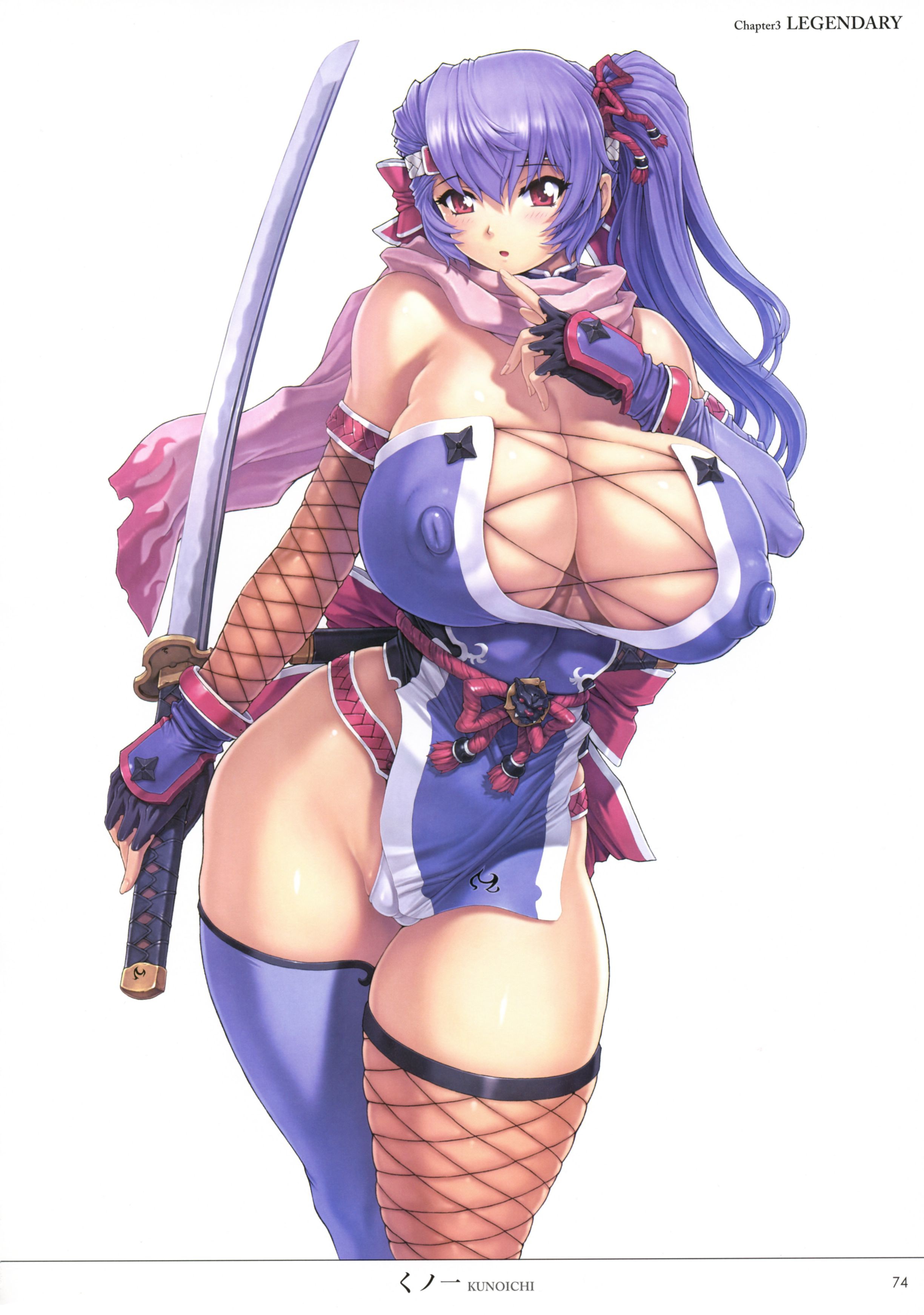 armor, big breasts, breasts, female, female only, fingerless gloves, fishnet, fishnet legwear, fishnet stockings, fishnets, hair ribbon, hairbow, huge breasts, japanese clothes, katana, kunoichi, large breasts, mogudan, ninja, no bra, no panties, purple hair, red eyes, scarf, stockings, weapon