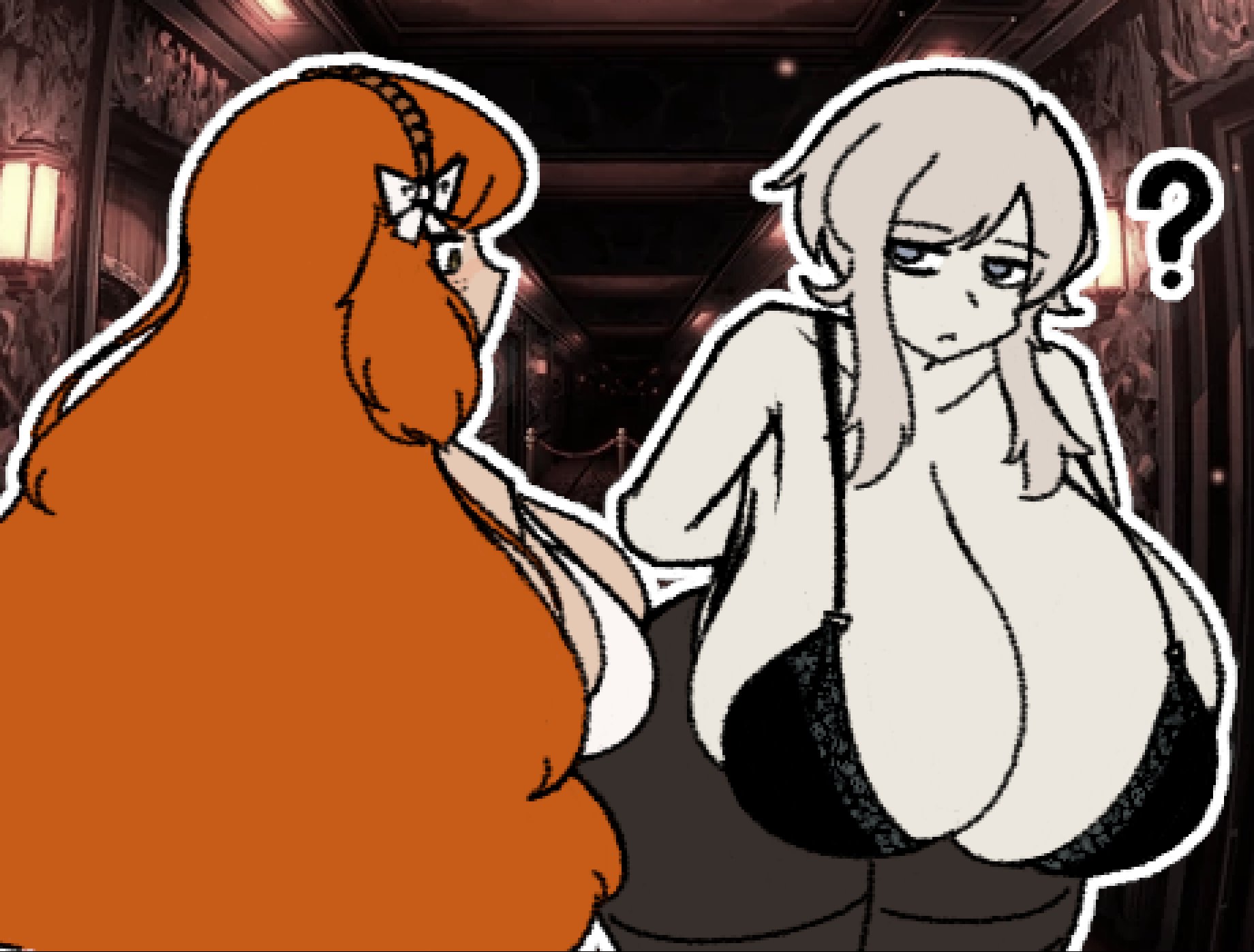 aqprofilehai, bent over, blush, bra, faust (limbus company), huge breasts, hyper breasts, ishmael (limbus company), limbus company, project moon, thick thighs