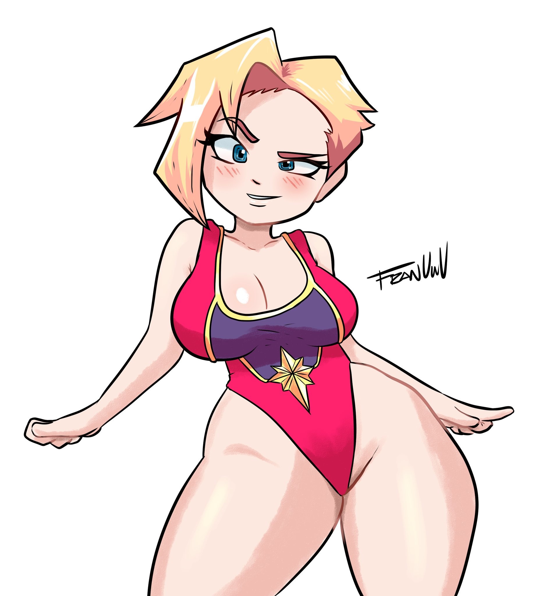 1girls, artist name, blonde hair, blue eyes, blush, breasts, captain marvel, carol danvers, female, female only, franarts uwu, large breasts, looking at viewer, marvel, marvel comics, short hair, simple background, smile, solo, standing, swimsuit, thighs, white background, wide hips