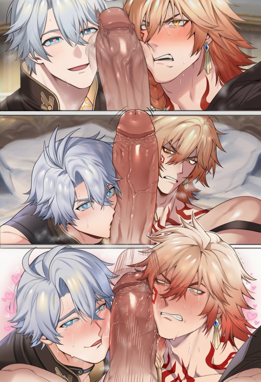 3boys, ai generated, big dick, black body, blonde hair, blowjob, blue hair, cum, cum in ass, cum in mouth, cum inside, gay, gay blowjob, gay sex, honkai: star rail, male/male, moan, moaning, mydei (honkai: star rail), ntr, phainon (honkai: star rail), six pack, white body, yaoi