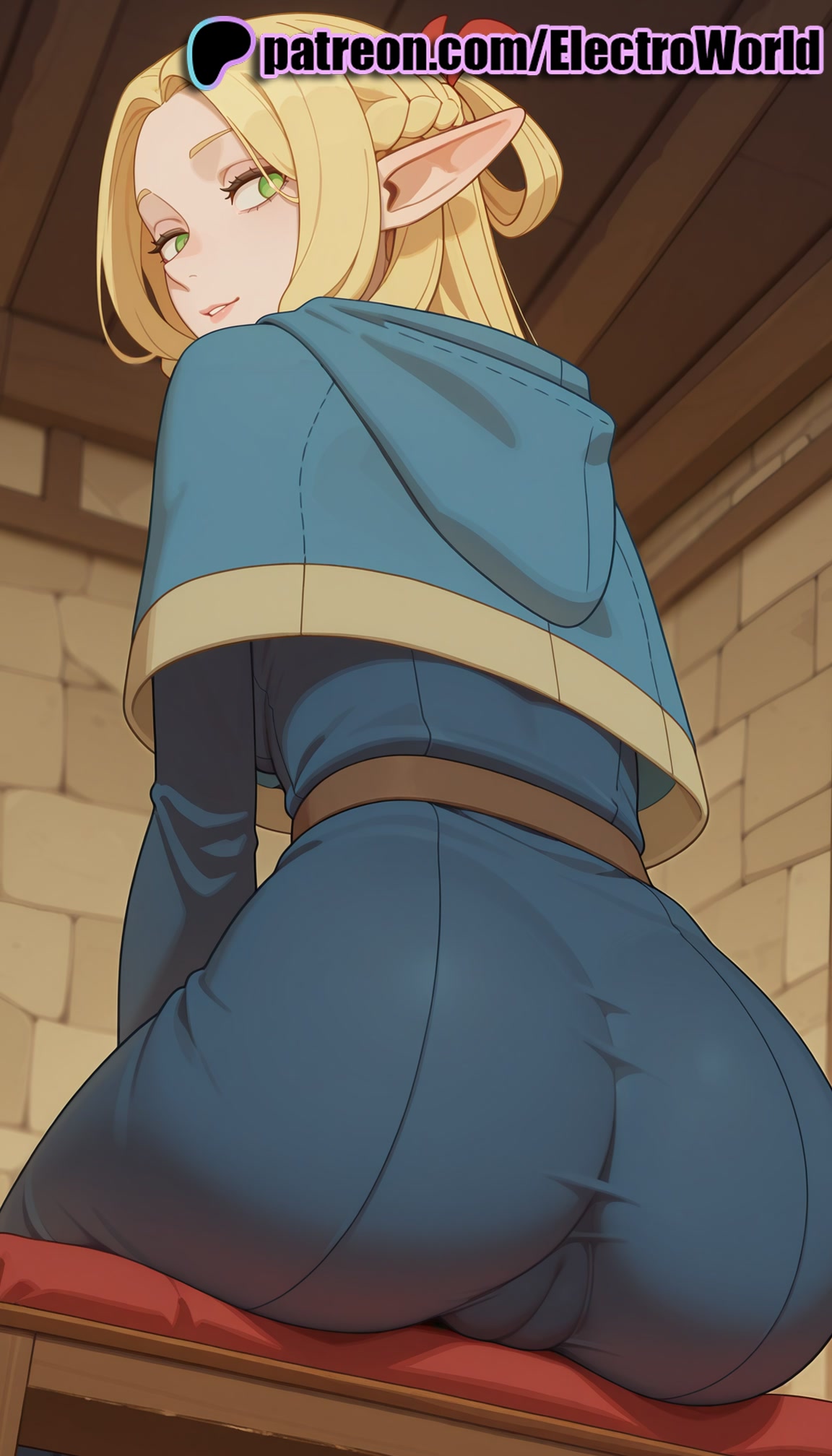1girls, 2025, ai generated, artist name, ass, blonde hair, brick floor, brick wall, cameltoe, crate, dungeon meshi, electroworld, elf, female, green eyes, hi res, high quality, high resolution, highres, hood, hood down, long hair, looking back, marcille donato, pantylines, patreon, patreon username, pointy ears, sitting, solo, stable diffusion, tile floor, tiles, watermark