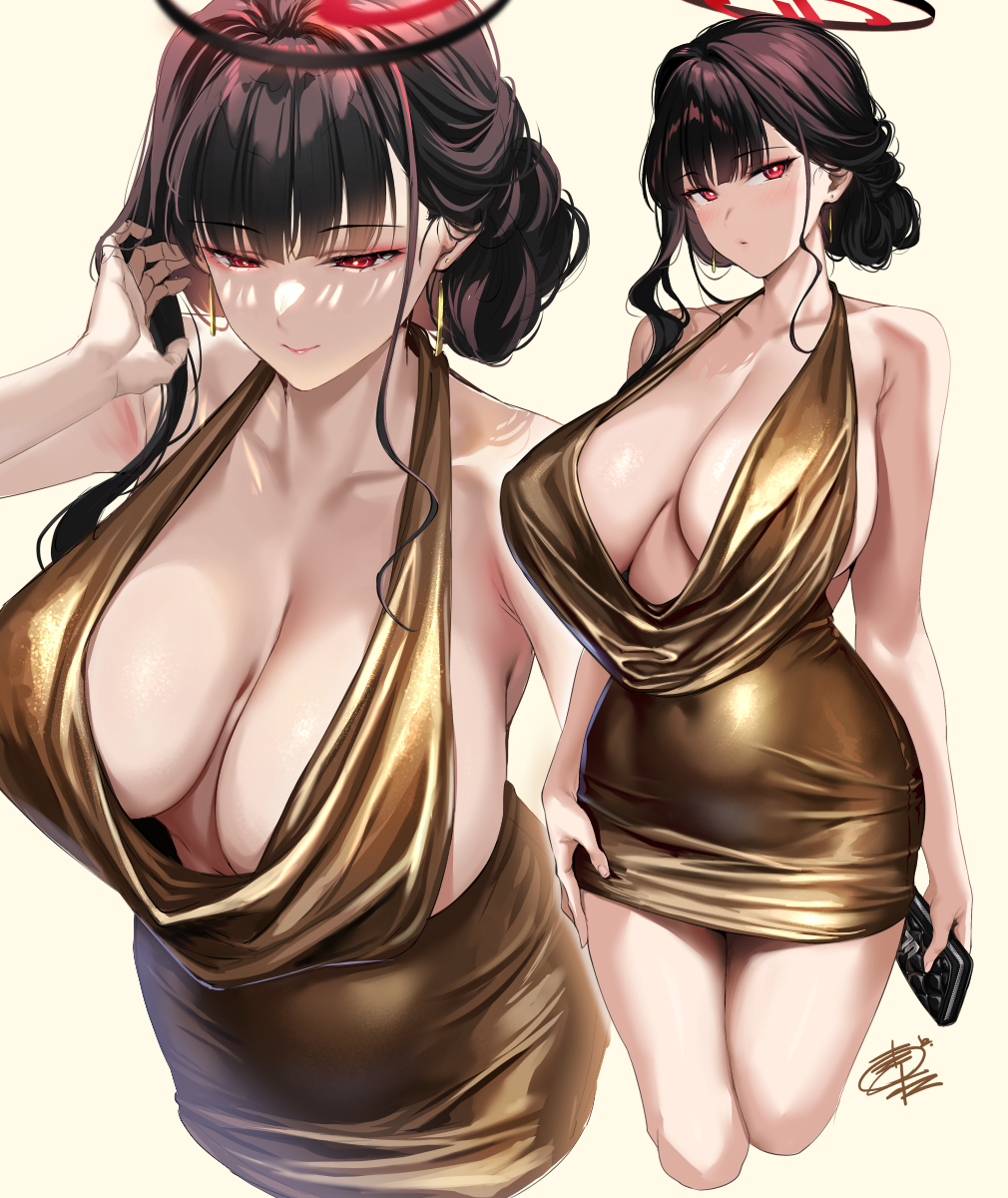 alternate costume, alternate hairstyle, black hair, blue archive, gold dress, large breasts, long hair, red eyes, rio (blue archive)