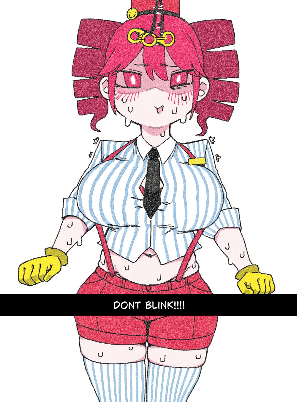 1girls, 2d, 2d (artwork), absolute territory, alternate costume, belly, big breasts, big thighs, blouse, blush, blush lines, breasts, bursting breasts, clothed, clothed female, clothing, curvaceous, curvy, curvy female, curvy figure, exposed belly, female, female focus, female only, fully clothed, gloves, gritty hotdog (artist), hat, huge breasts, huge thighs, hypnosis, kasane teto, kasane teto (sv), large breasts, large thighs, mesmerizer (vocaloid), mesmerizer teto, mv character, navel, necktie, nervous, nervous smile, open mouth, red eyes, red hair, shirt, shorts, simple background, skindentation, solo, solo female, straining, straining buttons, straining clothing, striped shirt, suspenders, sweat, sweating, sweating profusely, synthesizer v, thick thighs, thighhighs, thighs, tight clothing, tight shirt, twin drills, utau, voluptuous, voluptuous female, white background, wide hips, zettai ryouiki
