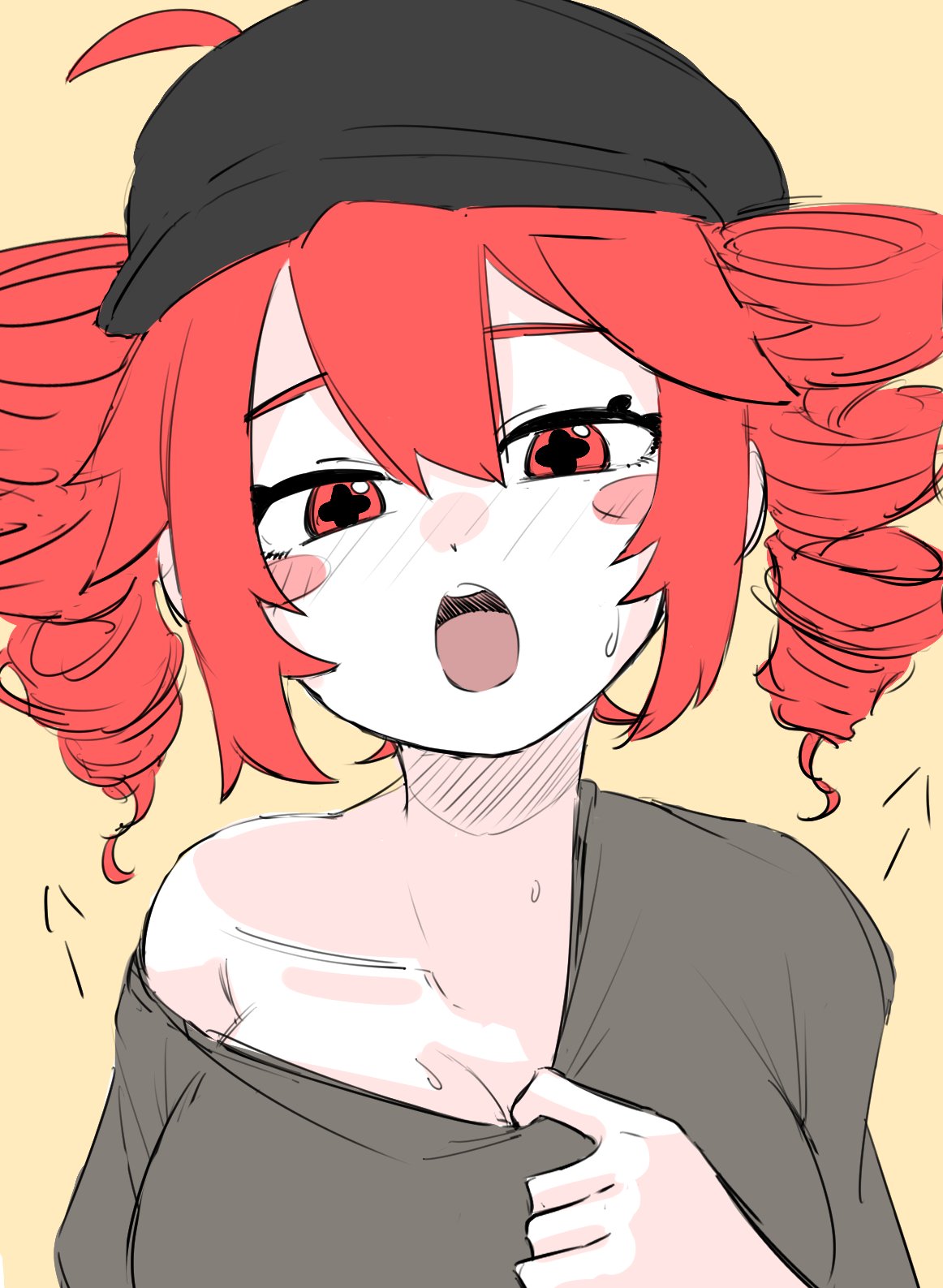 + +, 1girls, 2d, 2d (artwork), ahoge, ahoge through hat, big breasts, blush, breasts, cleavage, clothed, clothed female, clothing, eyelashes, female, female only, half-closed eyes, hat, horny, horny female, huge breasts, kasane teto, kasane teto (sv), large breasts, looking at viewer, mv character, no bra, open mouth, oshijuu748, override (synthesizer v), plump, plump breasts, pulling shirt, red eyes, red hair, revealing breasts, seductive, seductive look, shirt, shirt slip, solo, solo female, sweat, sweating, synthesizer v, tease, teasing, twin drills, upper body, upper body focus, utau, yellow background