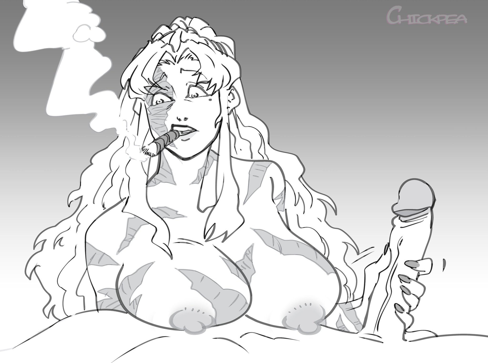 already uploaded, balalaika, big breasts, big penis, black lagoon, breasts on chest, burn scar, chickpea, handjob, huge breasts, long hair, mature female, monochrome, nipples, smoking