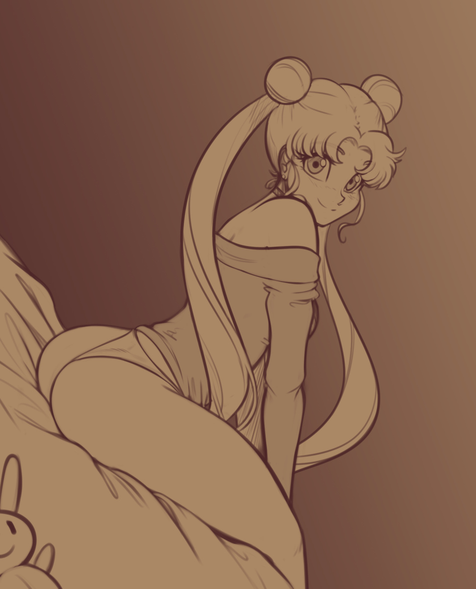 ass, bed, bishoujo senshi sailor moon, brown theme, clothing, double bun, dutch angle, female, female only, monochrome, panties, scorpdk, sitting, solo, sweater, usagi tsukino