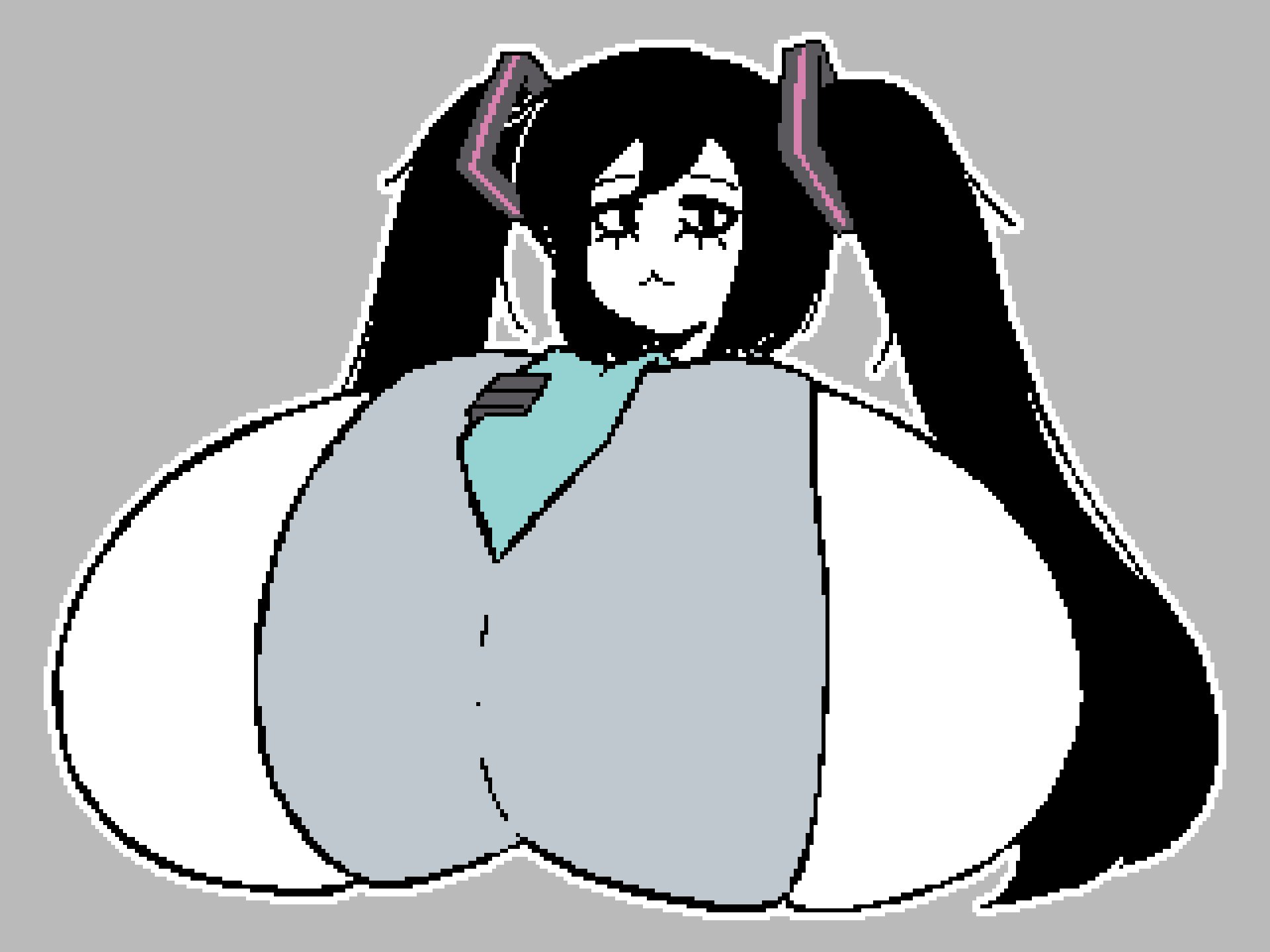 1girl, aqprofilehai, aqua necktie, black hair, breasts, grey background, hatsune miku, huge breasts, long hair, looking at viewer, massive breasts, mole, monochrome, necktie, oc, outline, simple background, solo, tequila (void aloe), twintails, upper body, white outline