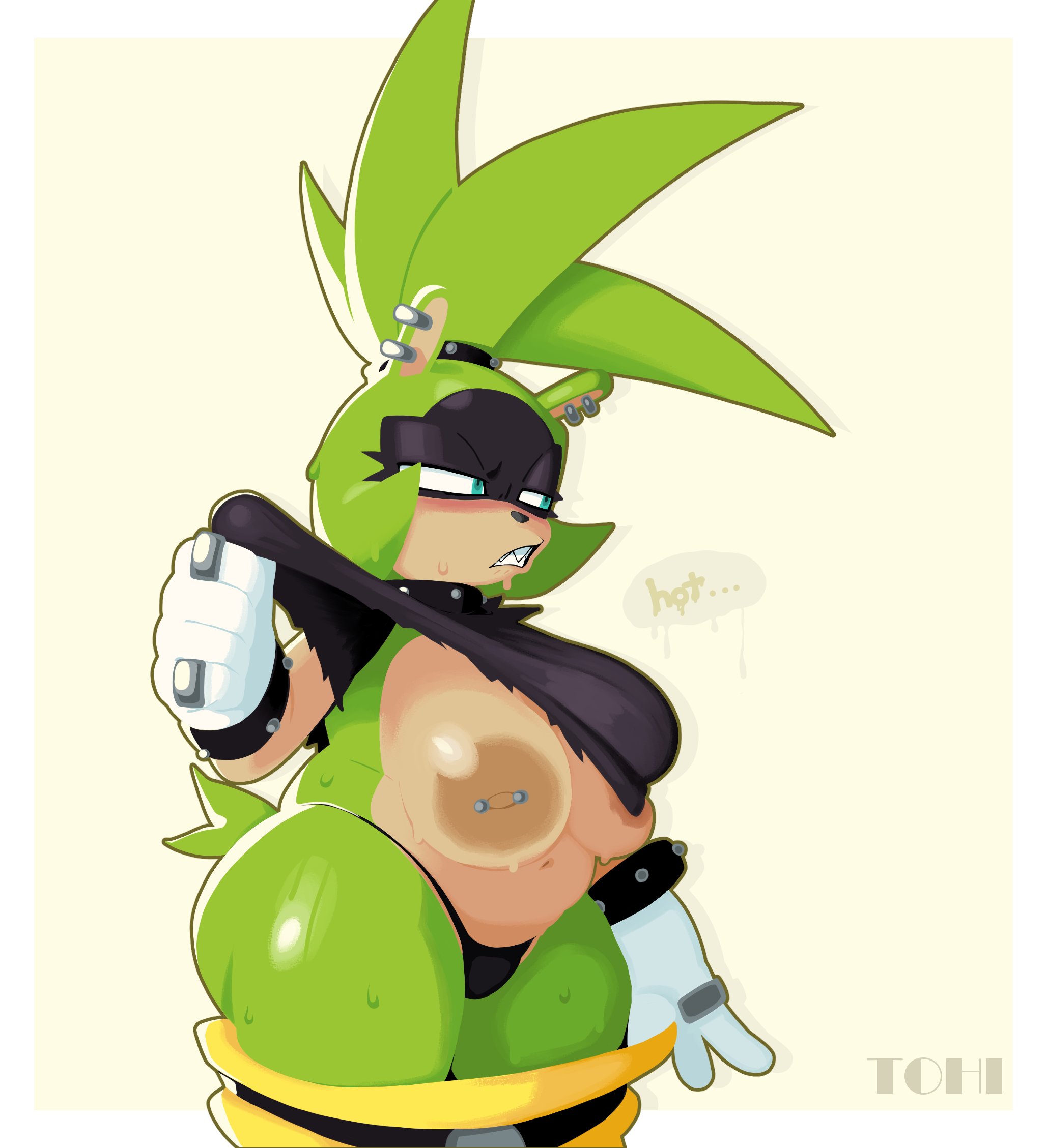 1girls, afrosoricid, areolae, averting eyes, baggy pants, bbw, big areola, blue eyes, chubby, dripping speech bubble, ear piercing, earrings, gloves, green fur, hair tie, idw publishing, lifting shirt, looking away, nipple piercing, overheated, piercing, ring (jewelry), ripped shirt, sharp teeth, solo, sonic (series), sonic the hedgehog (idw), sonic the hedgehog (series), studded bracelet, surge the tenrec, sweat, sweaty, sweaty breasts, theonehornedimp, thick thighs, thong, tomboy, topknot, tsundere, undressing