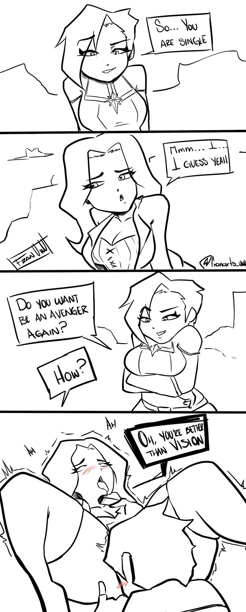 2girls, 4koma, ahegao, avengers: endgame, blush, captain marvel, carol danvers, comic, cunnilingus, cunnilingus through clothes, english text, female, female only, franarts uwu, greyscale, instant loss 2koma, long hair, marvel, marvel comics, open mouth, scarlet witch, short hair, sketch, text, tongue, tongue out, wanda maximoff, yuri