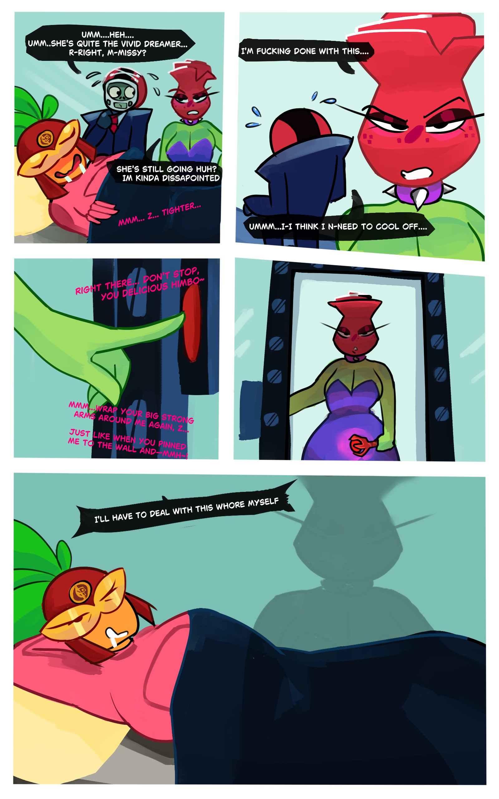 1boy, 1boy2girls, 1girls, 2girls, all star (pvz), all-star (pvz), anthro, anthrofied, ass, beta-carrotina (pvz), breasts, comic, comic page, couple, female, flora fauna, freckles, mckeyes, plant, plant girl, plant humanoid, plantie, plants vs zombies, plants vs. zombies, popcap games, pussy, rose (pvz), text, zombie (plants vs zombies), zombie (pvz)