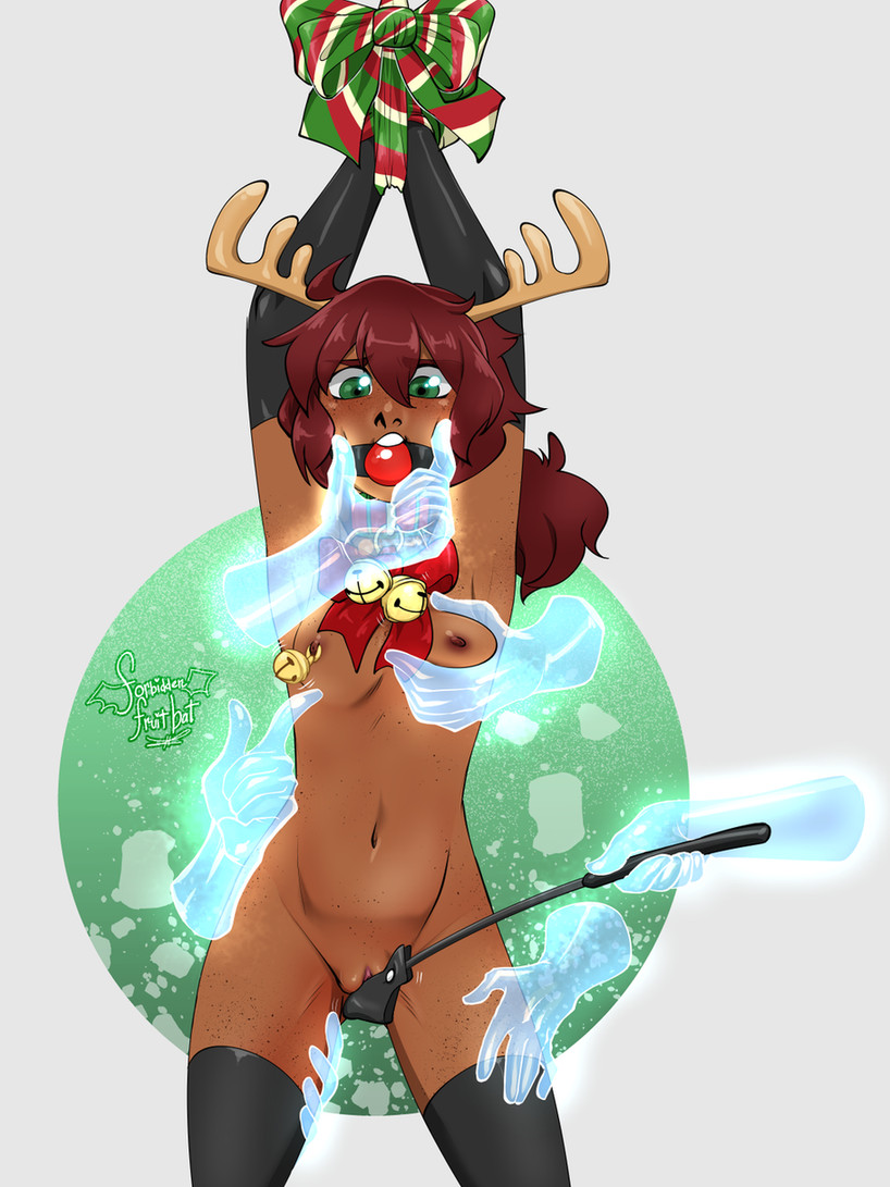 1girls, antlers, artist name, ball gag, bondage, bound arms, breast grab, breasts, christmas, dark skin, dark-skinned female, female, female only, femsub, forbiddenfruitbat, gag, gagged, ghost, ghost hands, green eyes, hairless pussy, malyna, malyna (malberrybush), navel, nipple piercing, nipples, original, original character, pussy, ribbon, riding crop, sleigh bells, small breasts, solo, watermark