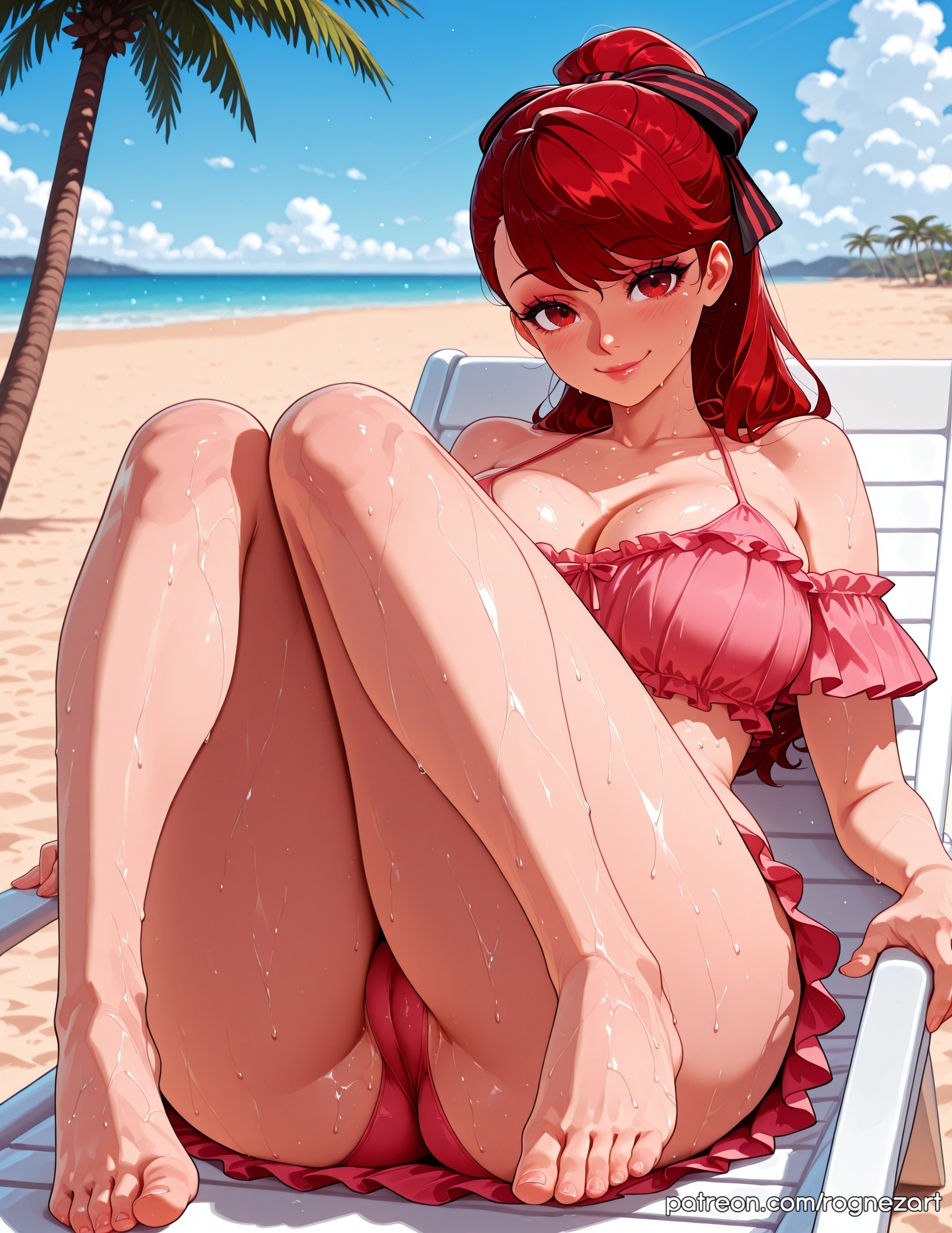 2025, ai generated, anime, ass, bangs, bare shoulders, barefoot, beach, beach chair, bikini, blush, breasts, buttocks, cameltoe, chair, cleavage, collarbone, crossover, day, eye contact, feet, female, female focus, female only, flushed, frills, hair ribbon, highres, huge breasts, kasumi yoshizawa, large breasts, lips, long hair, looking at viewer, nsfw, outdoors, palm tree, patreon, patreon username, persona, persona 5, persona 5 royal, pink bikini, ponytail, red eyes, red hair, ribbon, rognezart, sitting, sky, smile, smiling, solo, sumire yoshizawa, swimsuit, toenails, toes, tree, very long hair, wet