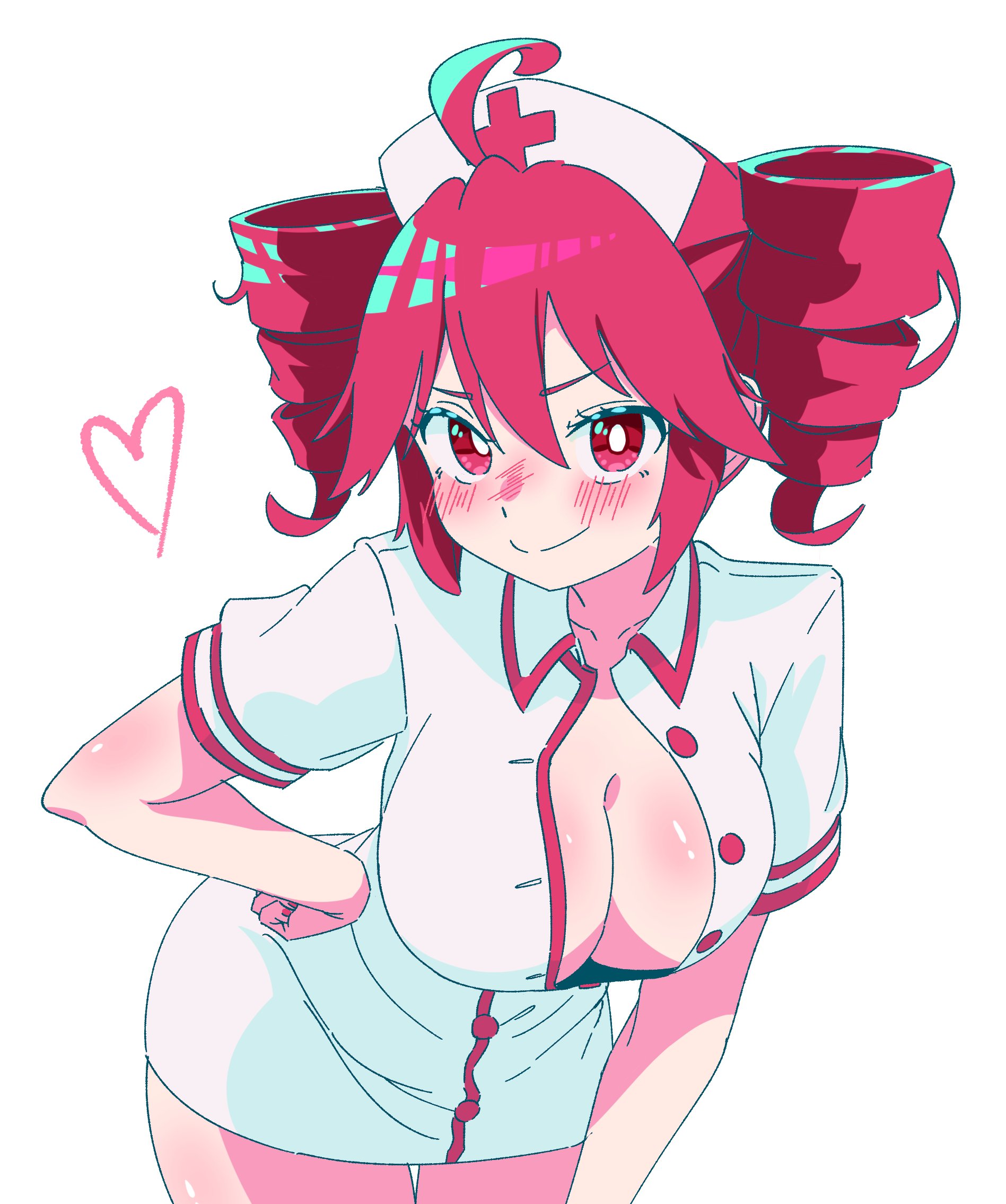 1girls, 2d, 2d (artwork), ahoge, bending forward, bending over, big breasts, big thighs, blush, blush lines, breasts, cleavage, cleavage cutout, curvaceous, curvy, curvy female, curvy figure, female, female only, hand on hip, heart, heart symbol, hourglass figure, huge breasts, huge thighs, kasane teto, large breasts, large thighs, leaning forward, looking at viewer, no bra, nurse, nurse cap, nurse outfit, nurse uniform, plump, plump breasts, plump thighs, red eyes, red hair, rivetingroast, seductive, shiny skin, simple background, skimpy, skimpy clothes, skimpy outfit, slim waist, smile, solo, solo female, suggestive, suggestive pose, thick thighs, thighs, twin drills, utau, voluptuous, voluptuous female, white background, wide hips