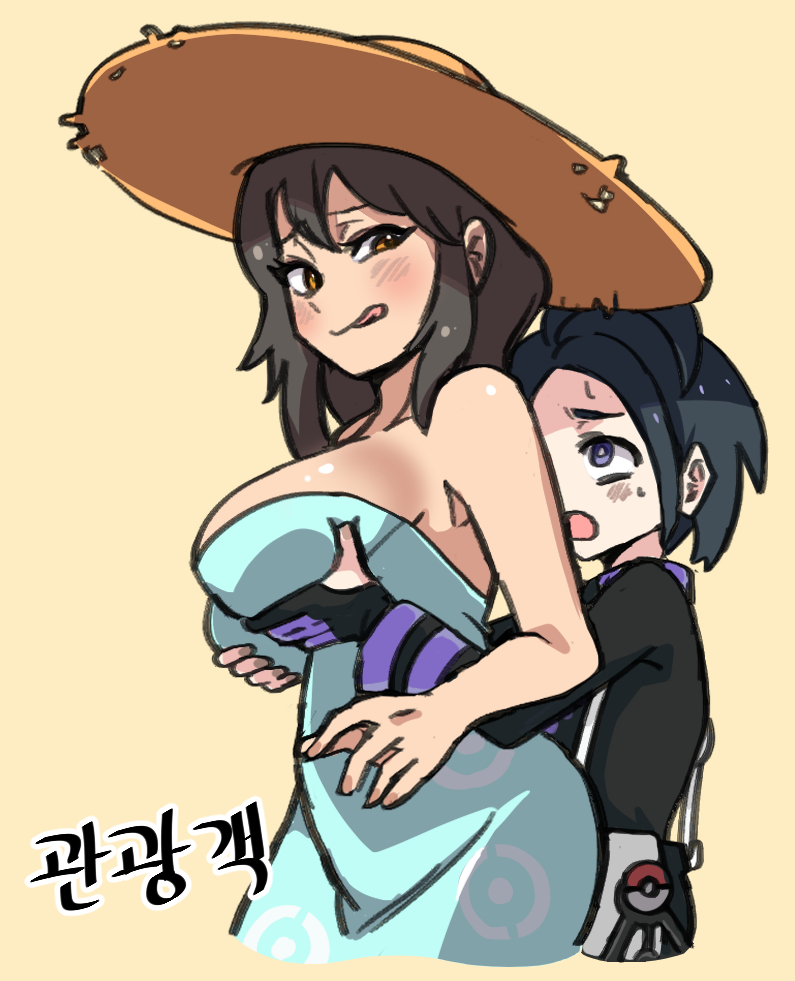 :o, :p, 1boy, 1girls, age difference, allister (pokemon), black gloves, black hair, black shirt, blush, breasts, commentary, dress, eyelashes, female, gigobyte350, gloves, grabbing another's breast, green dress, groping, half-closed eye, hat, korean text, long sleeves, nintendo, npc trainer, open mouth, partially fingerless gloves, pokemon, pokemon sm, pokemon swsh, shirt, short hair, shorter male, sightseer (pokemon), single glove, smaller male, straight, strapless, strapless dress, sweat, tongue, tongue out, yellow background