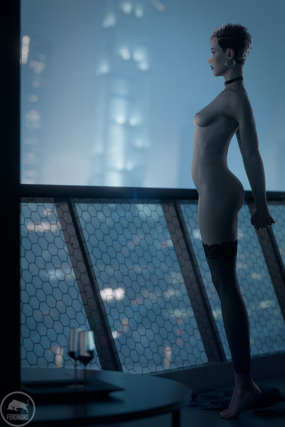 1girls, 2026, 3d, areolae, ass, aurore cassel, balcony, barefoot, big ass, black lipstick, breasts, bubble ass, bubble butt, casual, choker, cybernetics, cyberpunk 2077, earrings, eyeliner, eyeshadow, feet, female, female only, ferdinand (artist), fit, fit female, footless legwear, freckles, freckles on face, full body, functionally nude, ginger, ginger hair, hands behind back, hands together, hoop earrings, human, lace-trimmed thighhighs, leg warmers, legs together, lipstick, medium breasts, nail polish, nipples, no visible genitalia, nonsexual, nonsexual nudity, nude, nude female, nudist, outdoor nudity, outdoors, pale skin, rooftop, short hair, solo, standing, thigh highs, thighhighs, tiptoes, toes, very short hair, wine, wine glass, winged eyeliner, yellow eyes