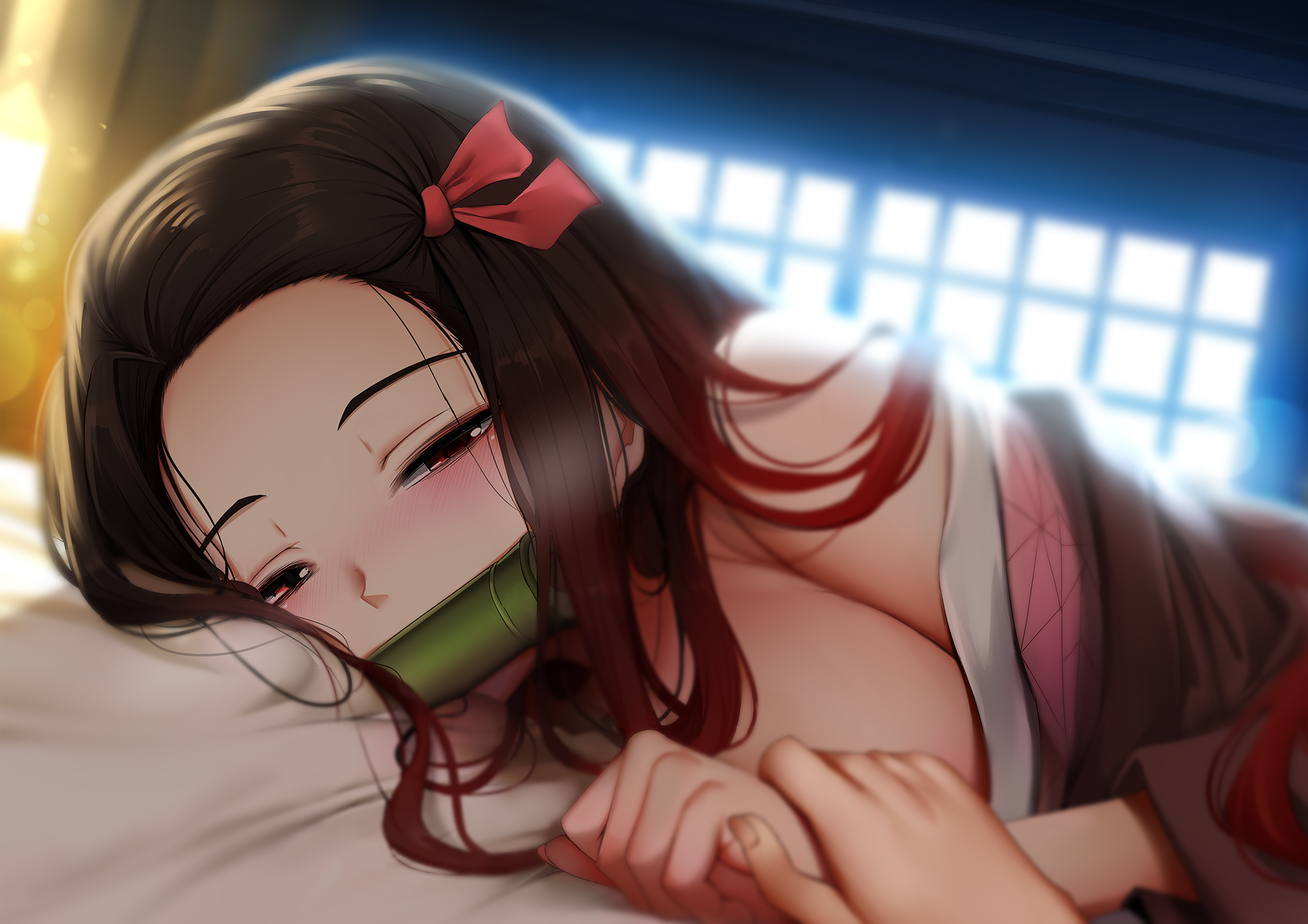 1girls, ambiguous gender, backlighting, bamboo, bare shoulders, bed, bit gag, black hair, black-haired female, blurry, blurry background, breasts, demon slayer, detailed background, female, forehead, gag, gagged, ginhaha, hair ribbon, half-closed eyes, haori, highres, holding hands, japanese clothes, kamado nezuko, kimetsu no yaiba, kimono, long hair, looking at viewer, love, lying, male, male pov, mouth hold, multicolored hair, off shoulder, on stomach, pink eyes, pov, pov eye contact, purple eyes, red ribbon, ribbon, romantic, romantic ambiance, shounen jump, sidelocks, very long hair, wholesome, window
