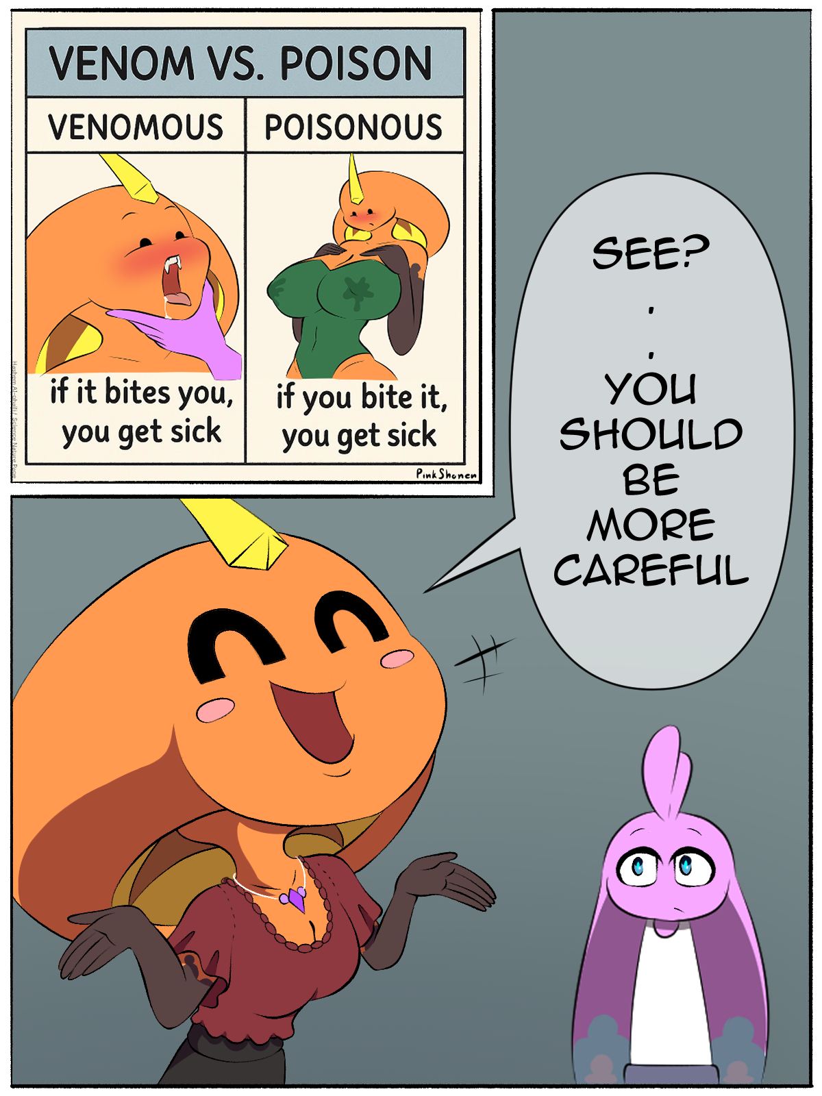 1boy, 1boy1girl, 1girls, animal humanoid, anthro, ass, big, big ass, big breasts, brall (pinkshonen), breasts, bust, busty, chest, cobra, curvaceous, curvy, curvy figure, dialogue, digital media (artwork), english dialogue, english text, female, female on femboy, female/femboy, femboy, femboy on female, femboy/female, hips, hourglass figure, huge ass, huge breasts, humanoid, large ass, large breasts, legs, male, male/female, mature, mature female, older female, orange body, orange skin, orange-skinned female, pink body, pink skin, pink-skinned male, pinkshonen, qper (pinkshonen), serpentine, shorter male, slim waist, smaller male, snake, snake hood, snake humanoid, straight, taller female, text, thick, thick hips, thick legs, thick thighs, thighs, voluptuous, waist, wide hips, younger male