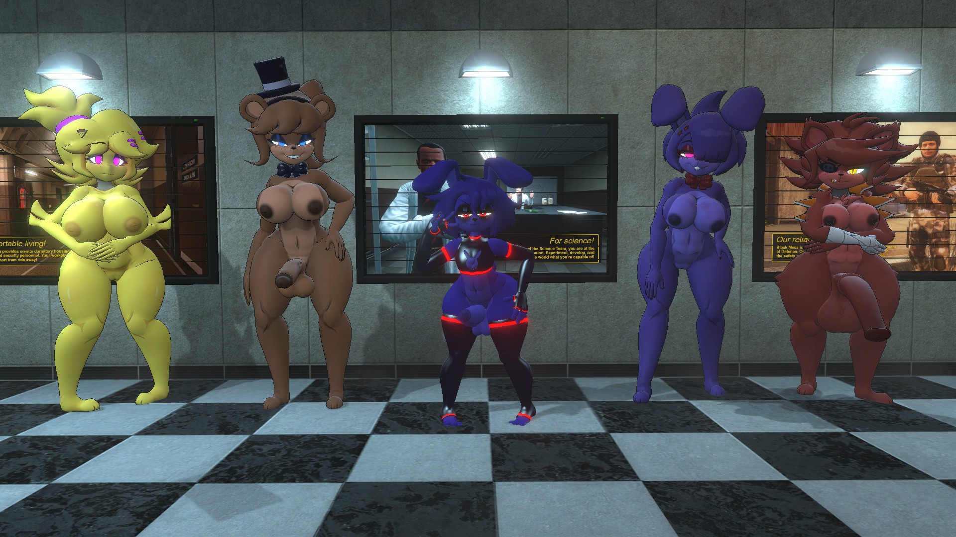 1boy, 2futas, 2girls, 3d, black mesa, bonfie (cryptiacurves), bottomless, breasts, chiku, chiku (cryptia), femboy, fexa (cryptiacurves), five nights at freddy's, fnaf, fredina (cally3d), fredina's nightclub, frenni fazclaire, futanari, horsecock, nude, penis, playtime bonnie, pussy