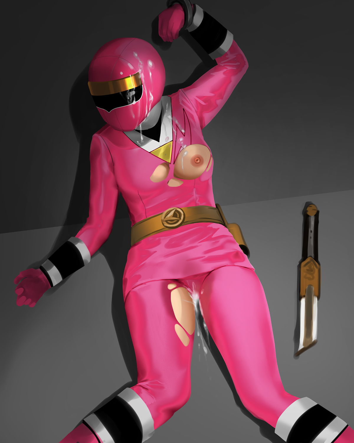 after rape, breasts, cum, cum in pussy, cum on breasts, cum on helmet, handcuffed, handcuffed female, handcuffs, lardral, mighty morphin alien rangers, ninja sentai kakuranger, nipples, one breast out, one breast out of clothes, one breast visible, pink ranger, power rangers, rape, super sentai, superheroine, torn bodysuit, torn clothes