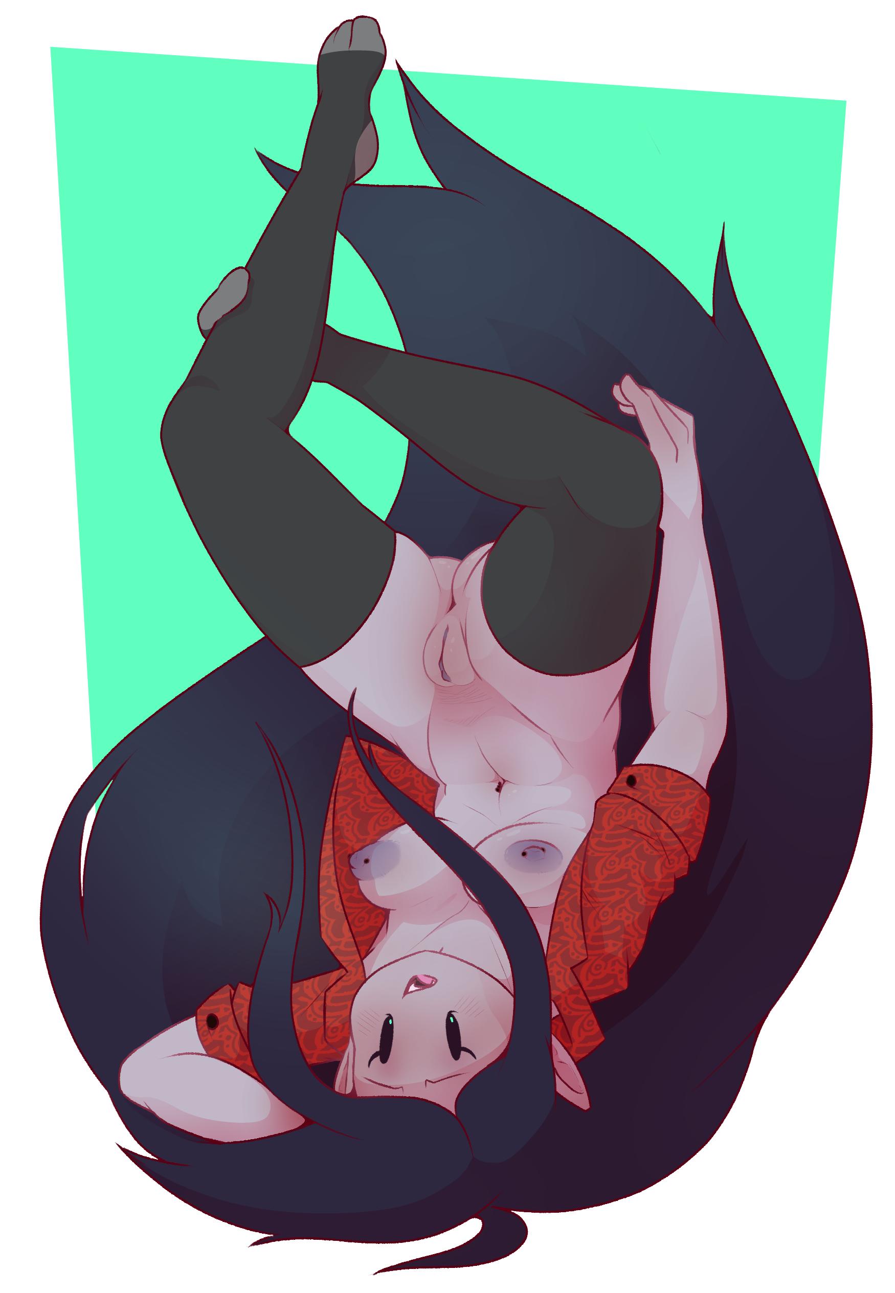 1girls, adventure time, areolae, big areola, big nipples, breasts, dabble, dark nipples, female, female only, marceline, nipples, pussy, simple background, solo, thighhighs, white background