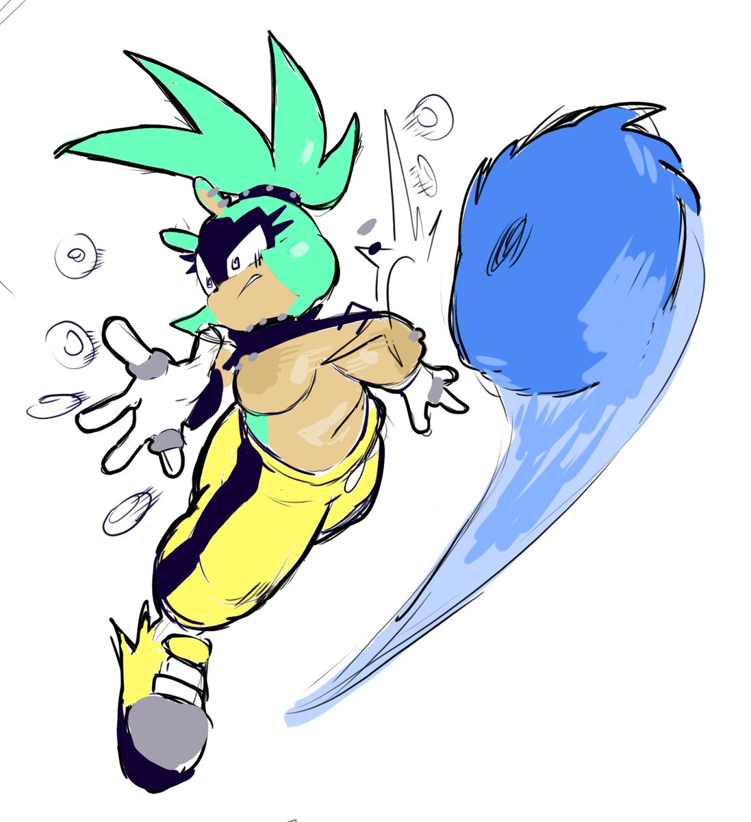 1boy, 1girls, accidental exposure, areolae, belly, blue fur, breasts out, chubby, drawpile, fight, green fur, idw publishing, losing rings, nipple piercing, ring (sonic), rings, sketch, sonic (series), sonic the hedgehog, sonic the hedgehog (idw), sonic the hedgehog (series), spiral eyes, surge the tenrec, tagme, theonehornedimp, tomboy, wardrobe malfunction