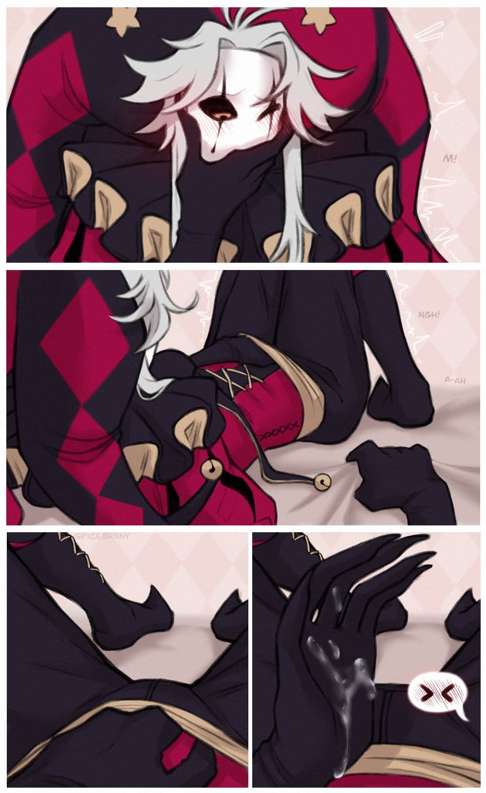 aroused expression, aroused face, aroused look, aroused male, aroused smile, black gloves, blush, blushed face, blushing, blushing at viewer, blushing male, comic, comic page, comic panel, comic strip, covering, covering mouth, cum, cum on hand, erect penis, erection, erection under clothes, gray hair, hand on crotch, hand on face, hand under clothes, hand under clothing, long gray hair, long hair, pale body, pale skin, pale-skinned male, pierrot (the freak circus), pointy nails, red clothes, red clothing, semen, semen on hand, sharp fingernails, solo, solo focus, solo male, sperm, squeezing, star (symbol), the freak circus, touching penis, yellow eyes, yellow pupils