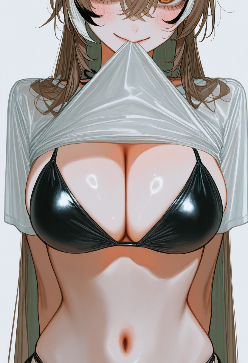 1girls, ai generated, arms behind back, belly, big breasts, bikini, bikini top, black bikini, black bikini top, blush, breasts, brown hair, cleavage, eyelashes, female, hololive, hololive english, kumquatmcgee, large breasts, looking at viewer, nanashi mumei, navel, shirt, shirt in mouth, shirt lift, shirt up, simple background, smile, smiling, solo, virtual youtuber, white shirt