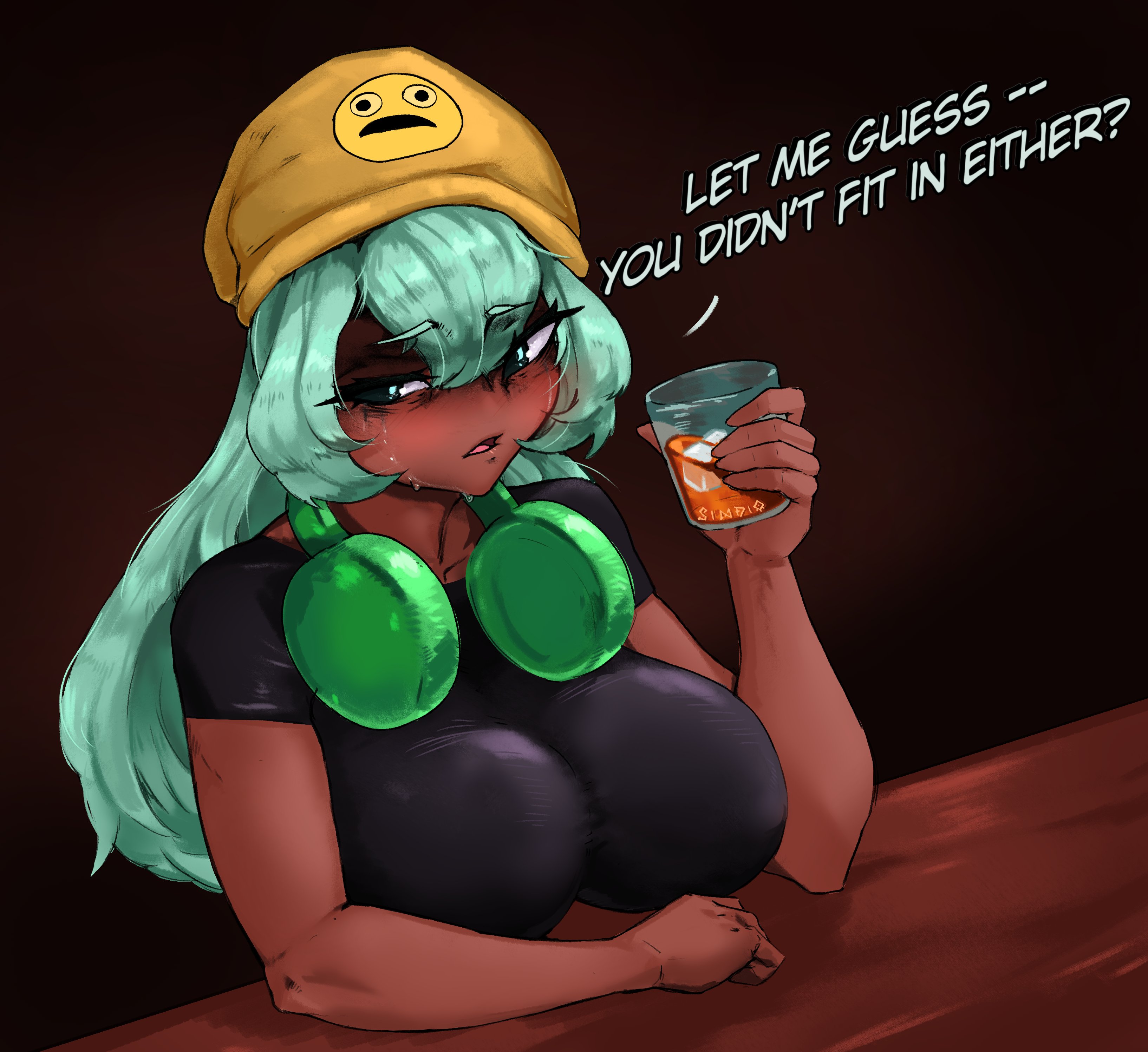 alcohol, alcoholic drink, big breasts, breasts bigger than head, breasts on table, breasts rest, brown body, crying, crying with eyes open, dark skin, dark-skinned female, depressed, dialogue, dolly dimpley, drinking, drinking alcohol, drinking glass, drunk, drunk female, hat, headphones, headphones around neck, holding glass, huge breasts, large breasts, mascara, mascara running, mascara smear, mascara tears, shirt, sindio, smiling friends, tagme, text