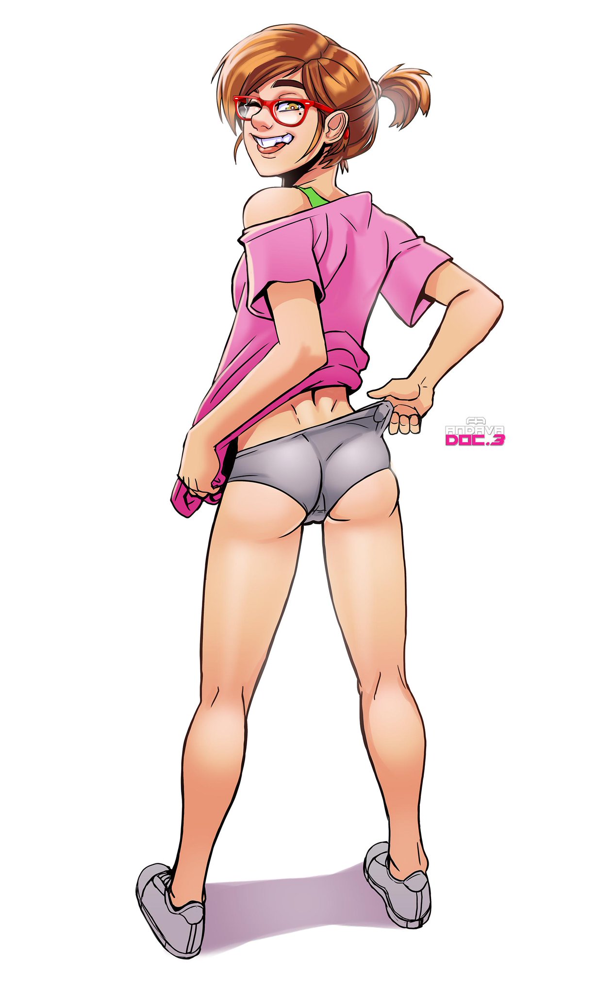 1girls, adjusting clothes, andava, andavaverse, ass, brown hair, clothing, darcy redd, female, female only, glasses, looking at viewer, looking back, nerdy female, shirt, shorts, small ass, solo, solo female