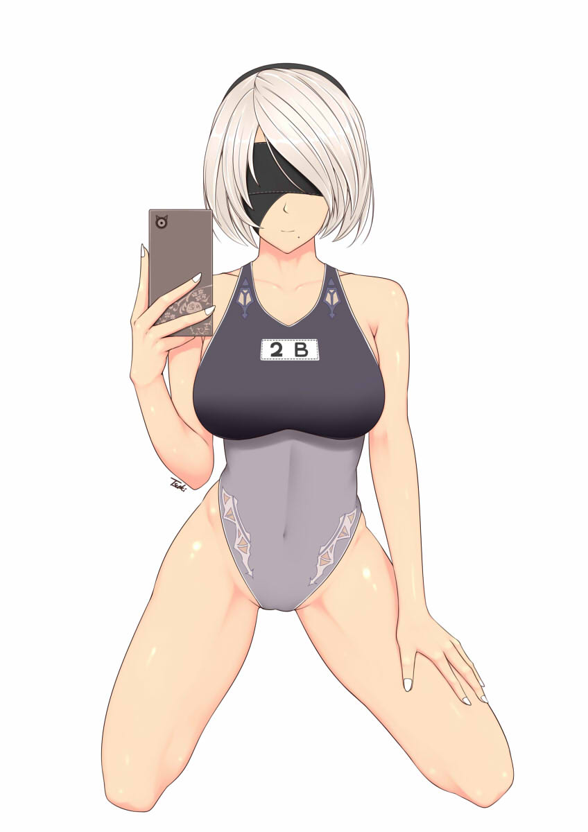 1girls android blindfold clothing curvy female female_only hair hairband kneeling nier nier:_automata smartphone solo swimsuit tsuki_riven video_games white_hair yorha_2b