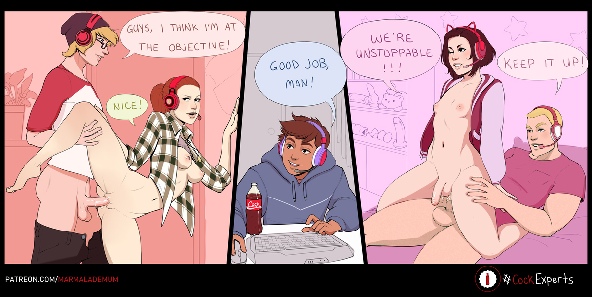 1futa, 1girls, 3boys, anal, blonde hair, breasts, brown eyes, brown hair, coca-cola, cokeesports, erection, female, flaccid, foreskin, futanari, futasub, headphones, intersex, male, male on futa, marmalademum, meme, orange hair, penis, penis size difference, ponytail, pussy, sex, straight, text, uncircumcised, url, vaginal penetration, watermark