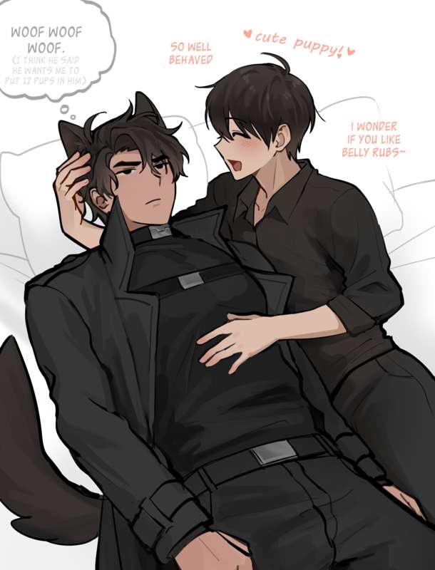 dog boy, dog ears, gay, hand in hair, hand on chest, hand on head, kim dokja, laying down, male only, omniscient reader's viewpoint, taotaille, thought bubble, wolf boy, wolf ears, yoo joonghyuk
