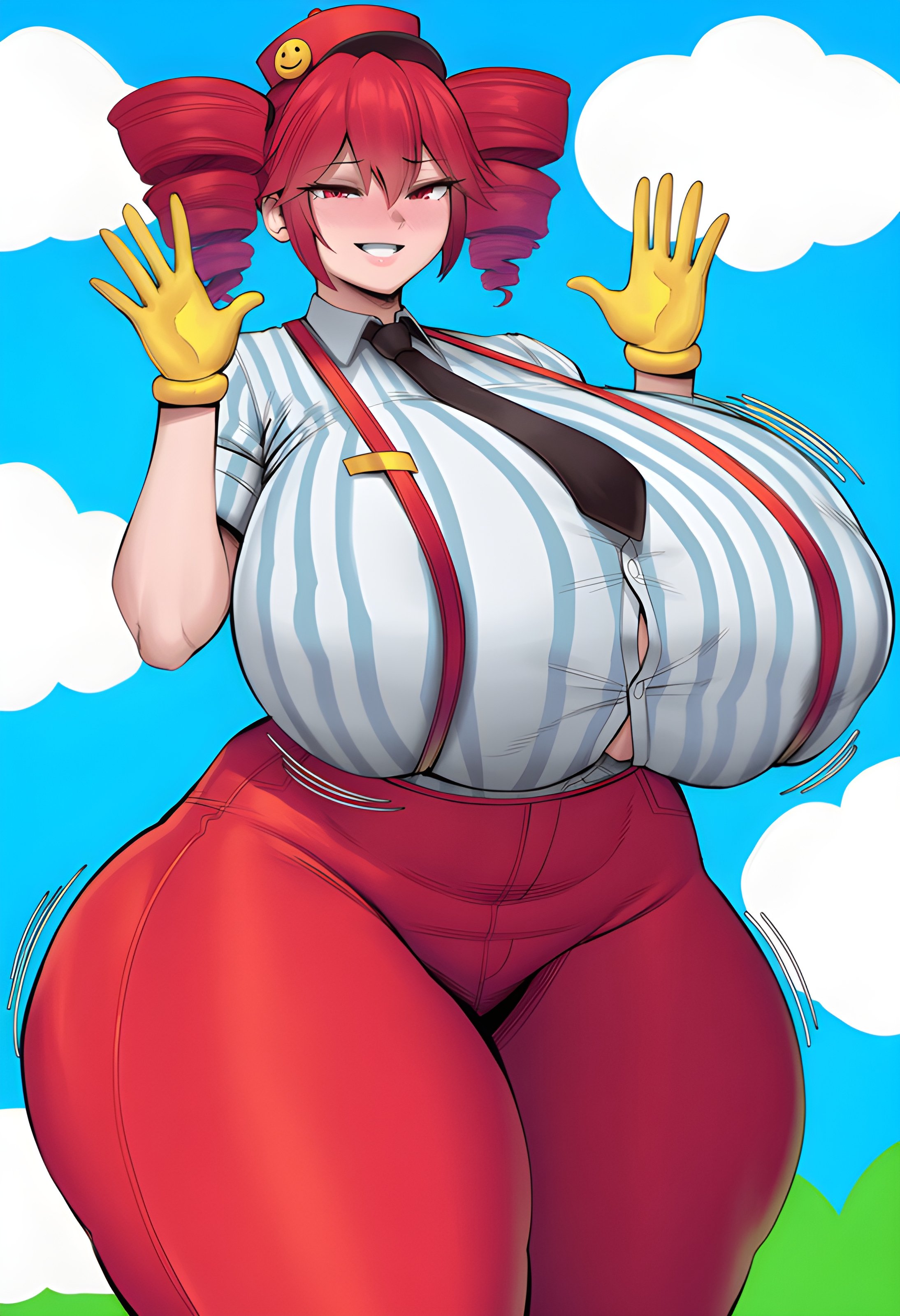 1girls, ai, ai generated, ass, ass bigger than head, ass bigger than torso, belly, belly bulge, big ass, big belly, big breasts, big nipples, big thighs, black necktie, blouse, bottom heavy, bouncing breasts, breasts, breasts bigger than head, breasts bigger than torso, bursting breasts, clothed, clothed female, clothing, collared shirt, curvaceous, curvy, curvy female, curvy figure, enormous ass, enormous breasts, enormous thighs, erect nipples, erect nipples under clothes, fat ass, fat breasts, fat nipples, fat pussy, fat thighs, female, female only, field, fully clothed, gigantic ass, gigantic breasts, gigantic thighs, gloves, grass, half-closed eyes, hand up, hands up, hat, high waisted pants, high-waist pants, hips wider than shoulders, hourglass figure, huge ass, huge breasts, huge nipples, huge thighs, hyper, hyper ass, hyper breasts, hyper hourglass, hyper nipples, hyper thighs, jiggling breasts, kasane teto, kasane teto (sv), large ass, large breasts, large thighs, looking at viewer, massive ass, massive breasts, massive nipples, massive thighs, mesmerizer (vocaloid), mesmerizer teto, motion lines, mv character, necktie, nipple bulge, open mouth, outdoors, pants, patreon, patreon username, plump, plump labia, plump pussy, pussy, pussy bulge, red eyes, red hair, red headwear, red pants, seductive, seductive look, seductive smile, shiny clothes, shirt, short hair, short sleeves, simple background, skin tight, smile, solo, solo female, straining, straining buttons, straining clothing, striped shirt, sunset, suspenders, synthesizer v, thick, thick ass, thick thighs, thighs, thighs bigger than head, thighs bigger than torso, tight clothing, tight pants, tight shirt, top heavy, twin drills, venus body, vertical-striped shirt, vocaloid, voluptuous, voluptuous female, white shirt, wide hips, wobble, wobbling breasts, yamuiai, yellow gloves
