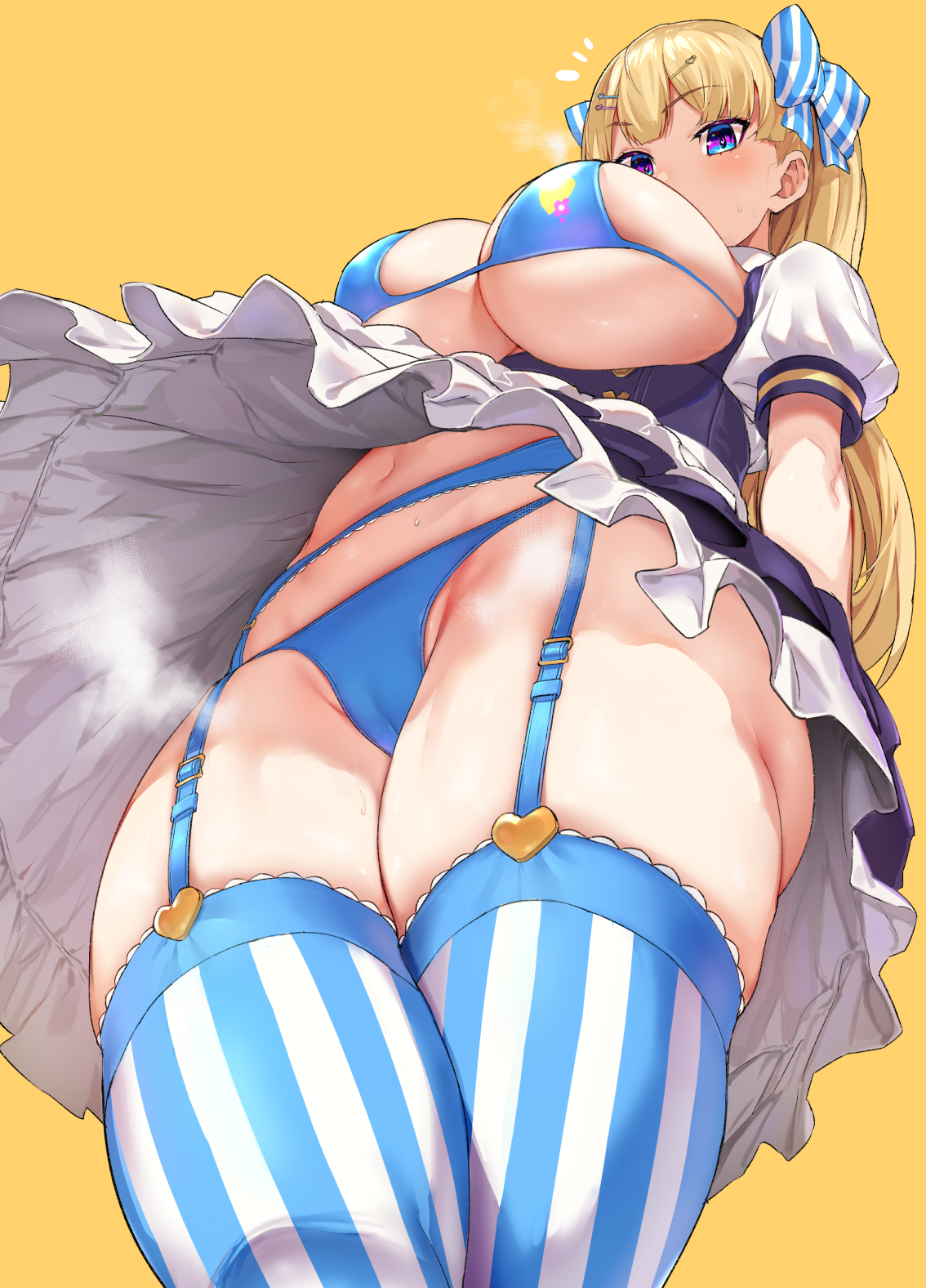 1girls, big breasts, blonde hair, breasts, cameltoe, cleavage, female, female only, garter belt, iku (ikuchan kaoru), large breasts, looking at viewer, panties, pussy, smell, solo, thighhighs