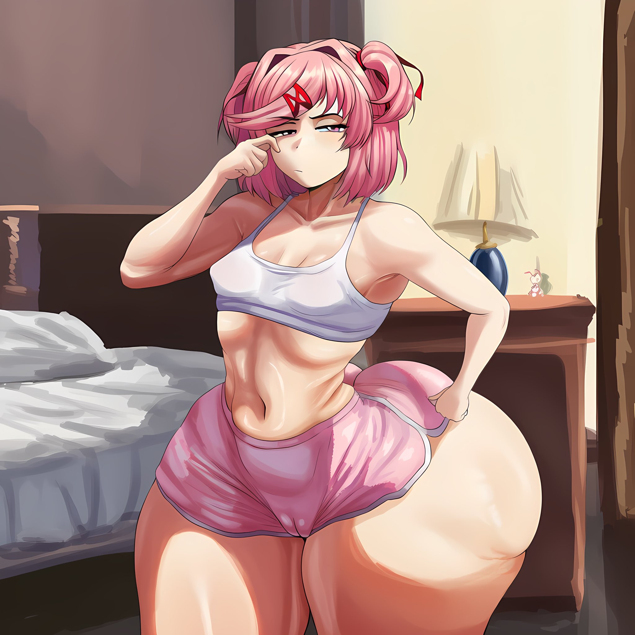 1girls, ai generated, annoyed, annoyed expression, bed, bedroom, belly button, bottom heavy, casual, casual clothes, child bearing hips, cinderhee, doki doki literature club, female, female only, flat chest, hair pin, hand on hip, huge ass, lamp, lamppost, lampshade, massive ass, natsuki (doki doki literature club), pink eyes, pink hair, short hair, small breasts, solo, solo female, sports bra, sports shorts, tagme, tummy, twintails, wide hips, wide thighs