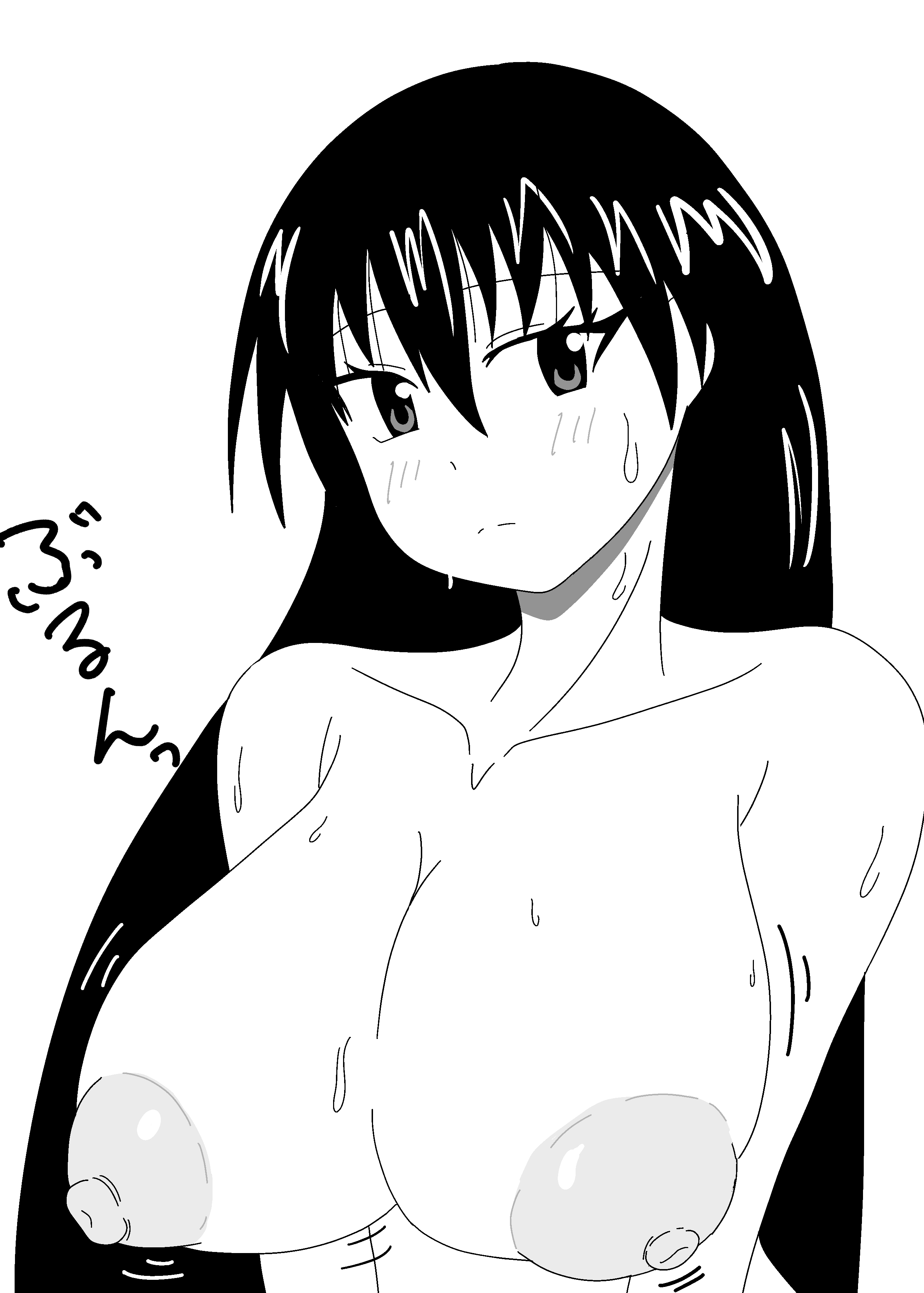 azumanga daiou, big breasts, black and white, black hair, huge breasts, japanese text, long hair, nervous, sakaki, sweat, sweatdrop, sweating, sweaty, sweaty body, yagyuu4