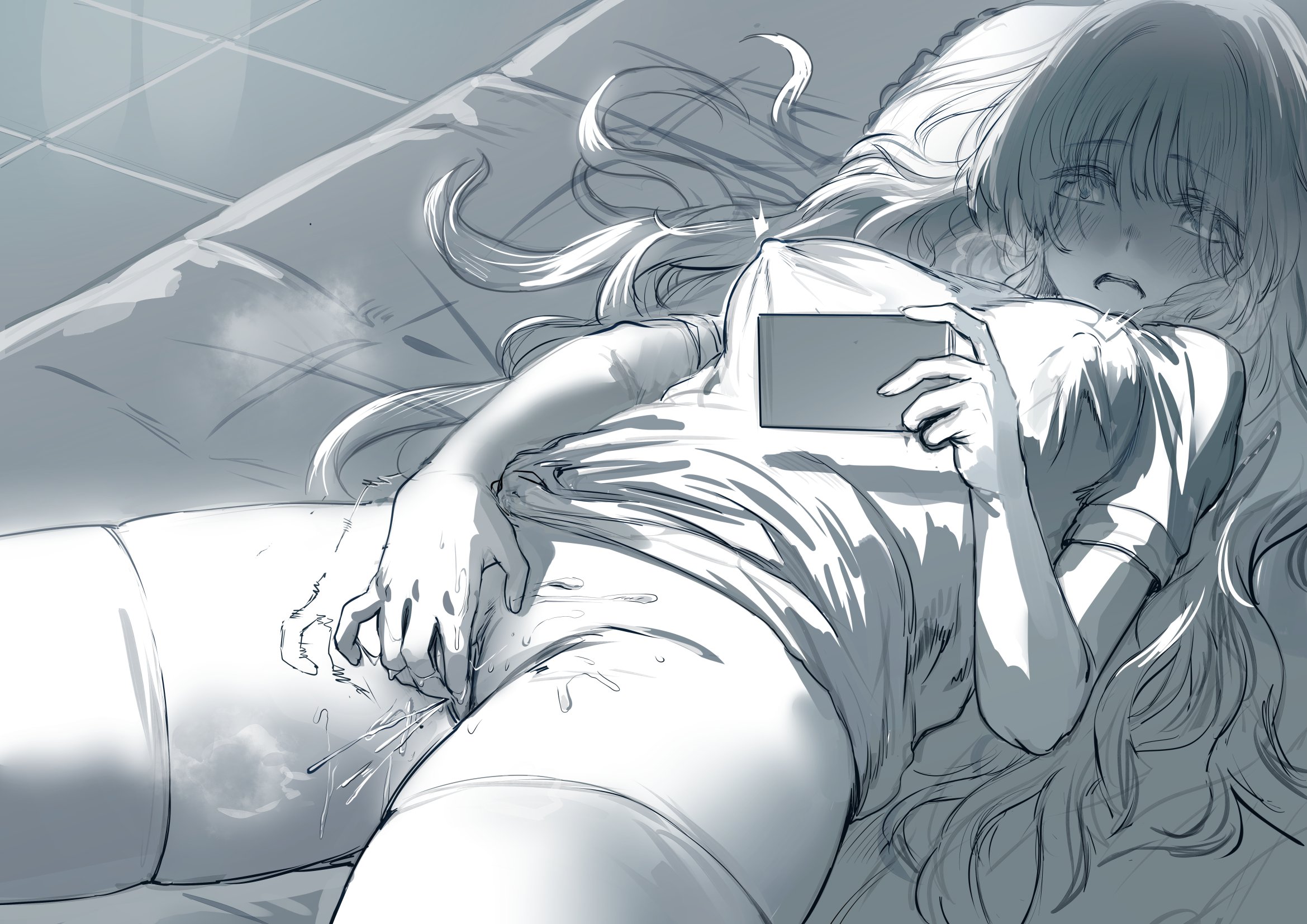 1girls, blush, breasts, female orgasm, fingering, hews hack, kaoru hana wa rin to saku, masturbation, nipples, orgasm, phone, pussy, pussy juice, solo, solo focus, squirting, thick thighs, thigh highs, waguri kaoruko, wet