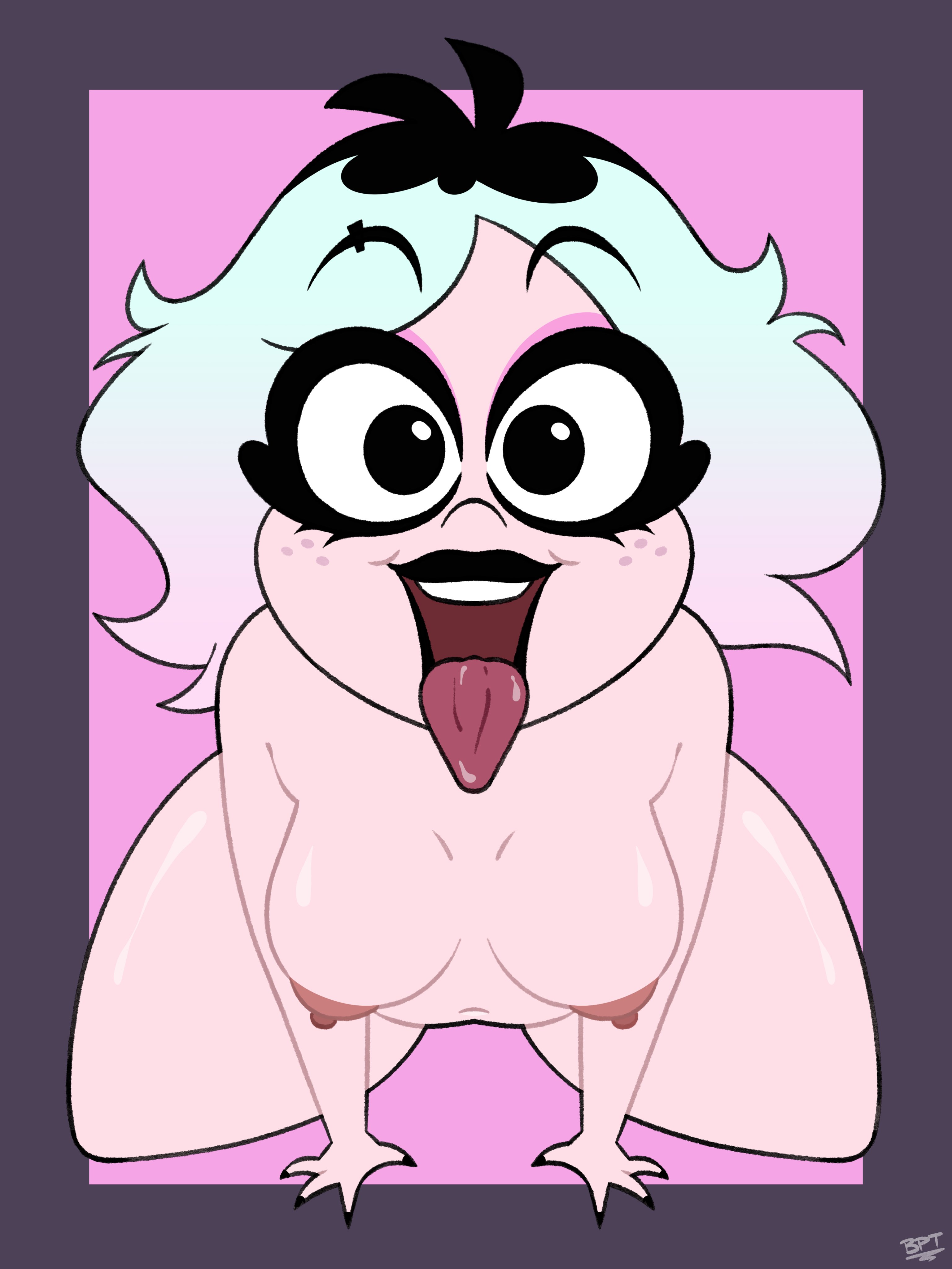 1girls, ass, blue hair, breasts, brush pen ten, colored hair, emberlynn pinkle, emberlynn pinkle (human form), female, female focus, female only, fitted heel and toe, helluva boss, light skin, light-skinned female, looking at viewer, looking back, nipples, no shoes, nude, solo, thick thighs, vivziepop, wide hips, youtube