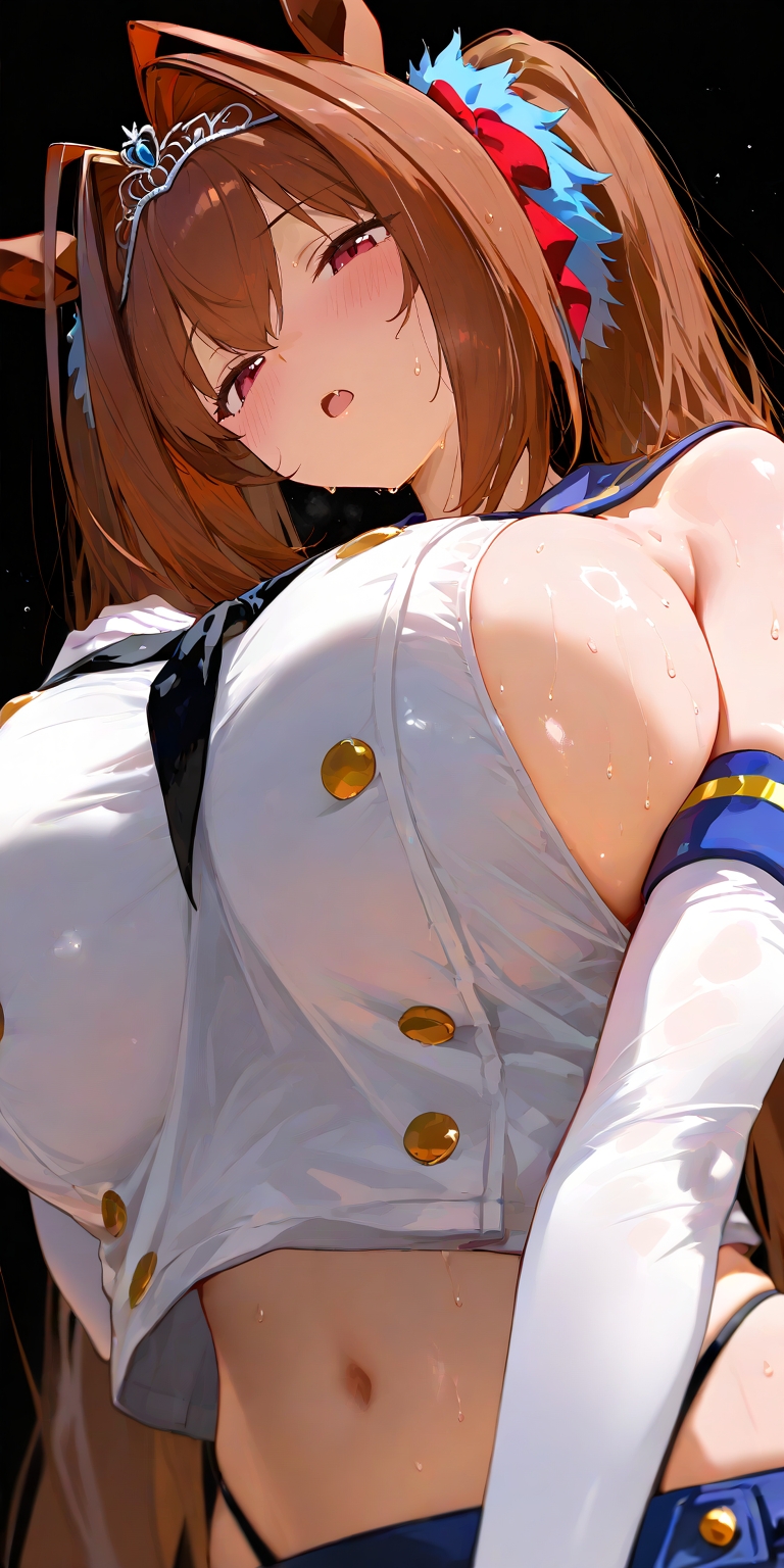 ai generated, animal ears, armpits, breasts, daiwa scarlet (umamusume), female, hips, horse girl, red eyes, ribbon in hair, shimakaze (kantai collection) (cosplay), sideboob, tiara, twintails, umamusume, umamusume pretty derby