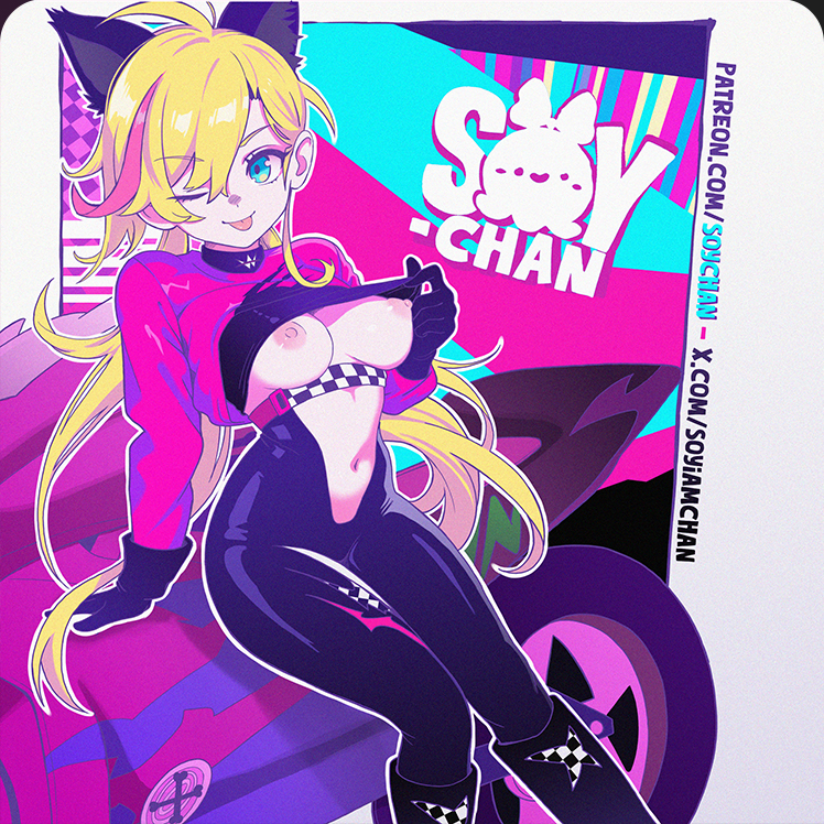 ;p, biker clothes, breasts, breasts out, female, lifting own clothes, muse dash, navel, nipples, rin (muse dash), rin (racer) (muse dash), soy-chan, underboob