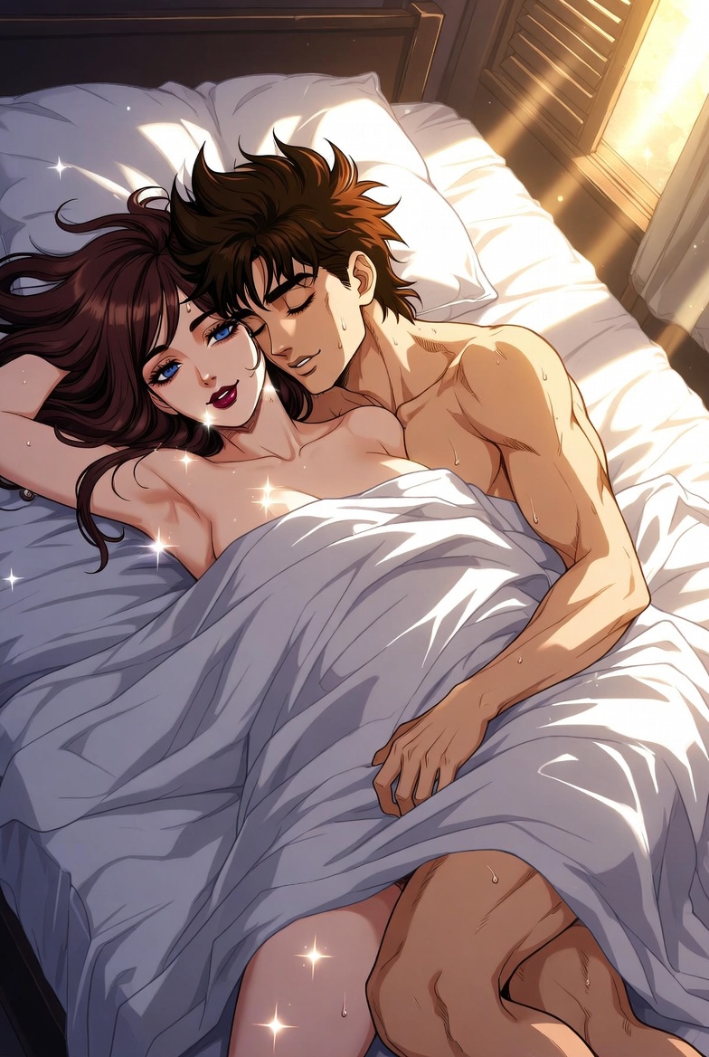 1boy1girl, after incest, after sex, ai generated, battle tendency, bed, bed scene, bed setting, bed sex, bed sheet, bedding, bedroom, bedroom setting, bedroom sex, bedsheet, bedsheets, blanket, blanket covering, blanket over body, blue eyes, brown hair, brunette female, brunette hair, burgundy lipstick, color, full color, hetero sex, heterosexual sex, incest, jojo no kimyou na bouken, jojo's bizarre adventure, joseph joestar, lisa lisa, long hair, milf, mother, mother and son, muscular male, post orgasm, post-orgasm, sleeping, sleeping nude, sleeping together, son, spiky hair, spoon position, spooning, spooning position, straight, sweat, sweating, sweaty, wholesome, wholesome end, wholesome incest