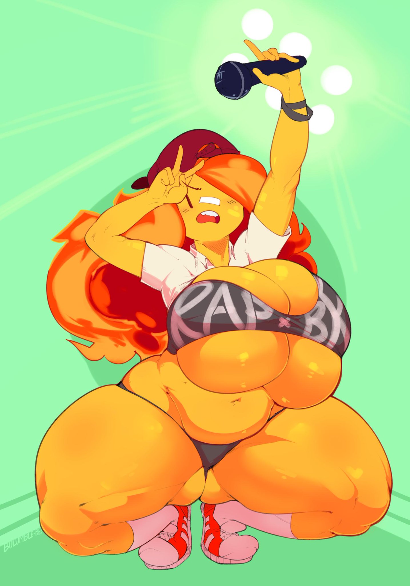 1girls, adventure time, ass, ass visible through thighs, belly, big ass, big belly, breasts, bulumble-bee, cap, cartoon network, chubby, clothed, clothing, female, female only, flame princess, full body, green background, hair over one eye, huge ass, huge breasts, huge thighs, large breasts, microphone, orange hair, orange skin, panties, plump, shirt lift, skimpy, skindentation, sneakers, solo, squatting, tank top, text, thick thighs, tight clothing, underboob, v, venus body, voluptuous, watermark, wide hips