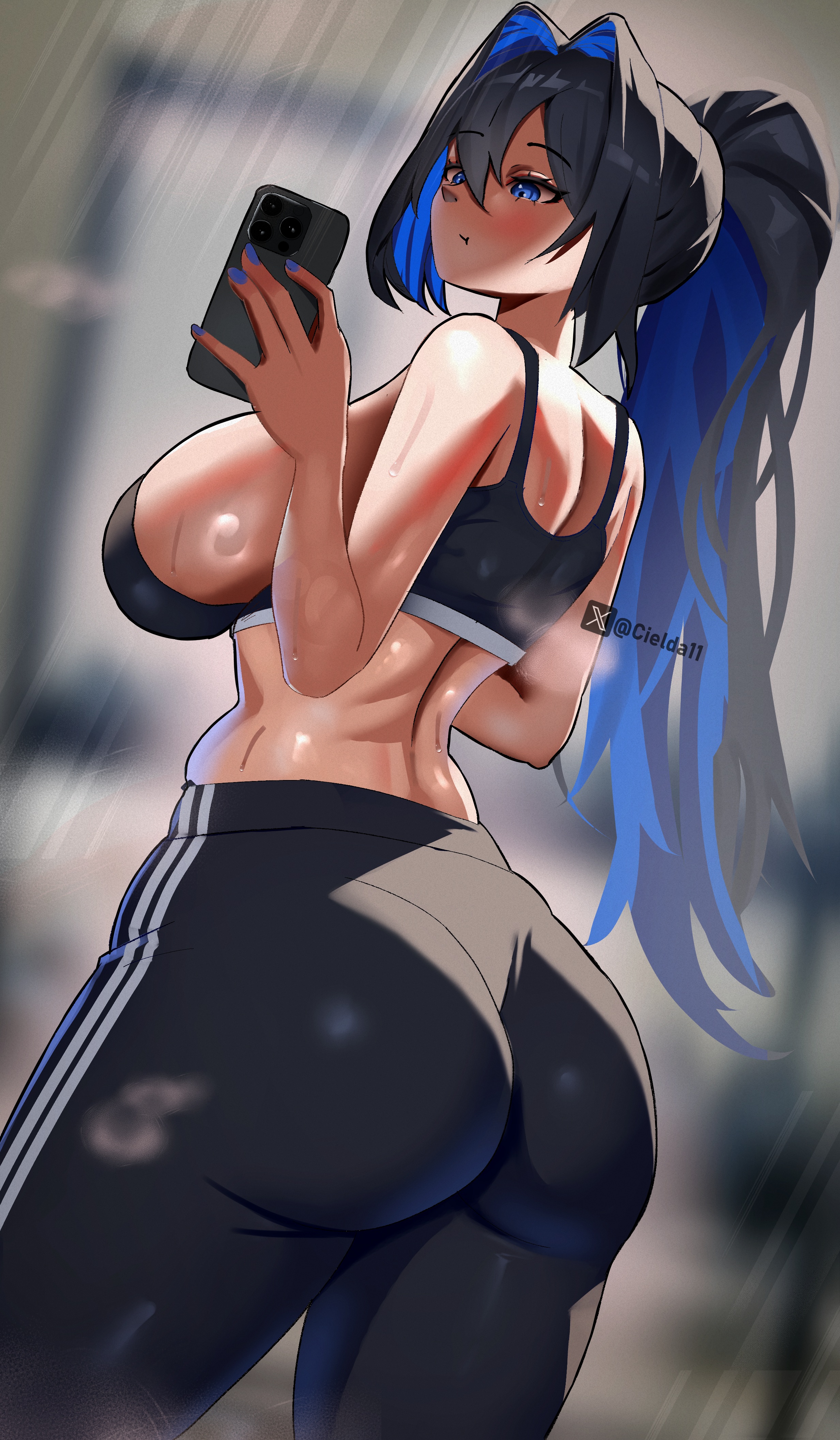 1girls, alternate color, ass, big ass, big breasts, black hair, blue eyes, blue highlights, bottom heavy, breasts, cellphone, cielda11, clothing, crop top, female, female only, gluteal fold, gym clothes, hololive, hololive english, mirror, mirror selfie, ouro kronii, painted nails, pants, phone, selfie, solo, thick thighs, thunder thighs, virtual youtuber, wide hips, yoga pants