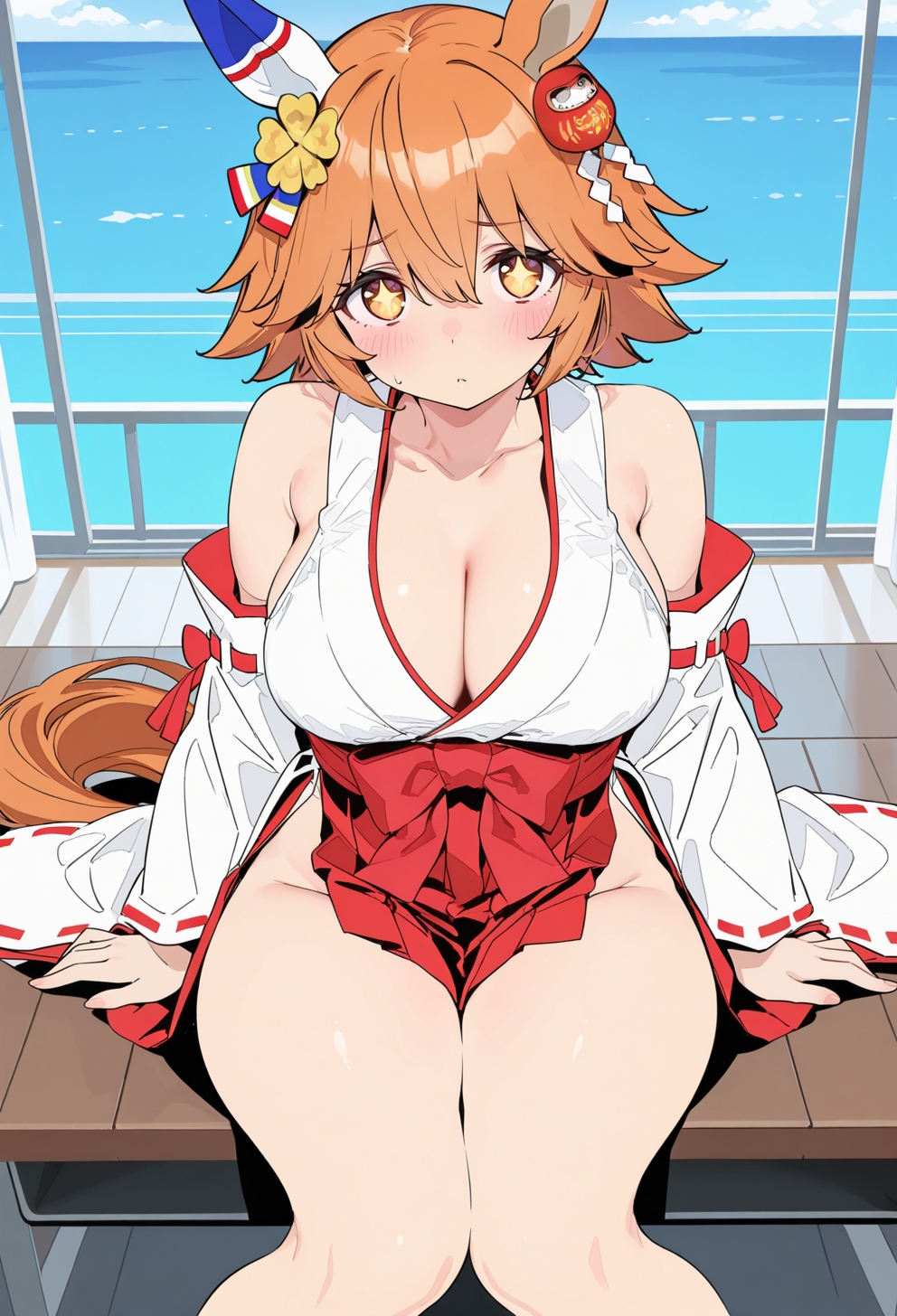 ai generated, groin, hair ornament, legs, looking at viewer, matikanefukukitaru (umamusume), orange hair, tagme, thighs, umamusume, umamusume pretty derby, yellow eyes