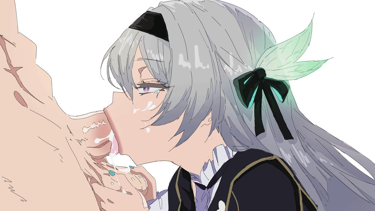1boy, 1girls, animated, animated gif, blinking, blowjob, cum, cum in mouth, cum inside, deepthroat, fellatio, firefly (honkai: star rail), gif, hair ornament, heaven of light, honkai (series), honkai: star rail, oral, painted nails, penis, penis in mouth, scrotum, silver hair, swallowing, swallowing cum, tears, throat breeding, throat bulge, tongue, tongue out