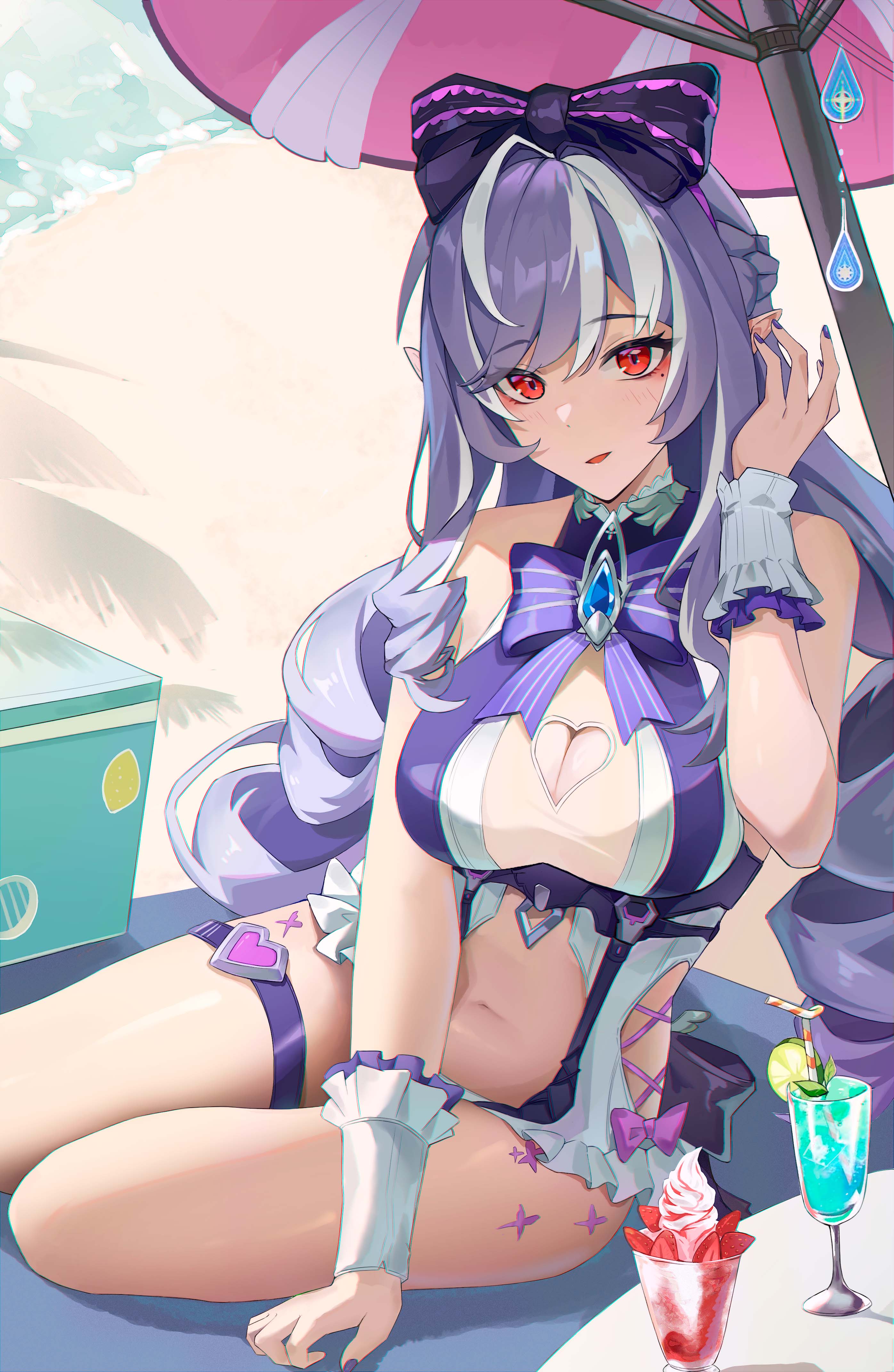 a-chuang, absurdres, bare shoulders, beach umbrella, bow, breasts, casual one-piece swimsuit, clothing cutout, commentary, cup, drinking glass, female, female only, hairbow, hand up, heart cutout, highres, large breasts, long hair, looking at viewer, mole, mole under eye, nail polish, navel, official alternate costume, one-piece swimsuit, parted lips, pointy ears, purple bow, purple hair, purple nails, red eyes, sidelocks, sitting, solo, stomach, stomach cutout, swimsuit, thigh strap, thighs, umbrella, very long hair, vivian (zenless zone zero), vivian banshee, vivian banshee (iris of the shore), white one-piece swimsuit, zenless zone zero