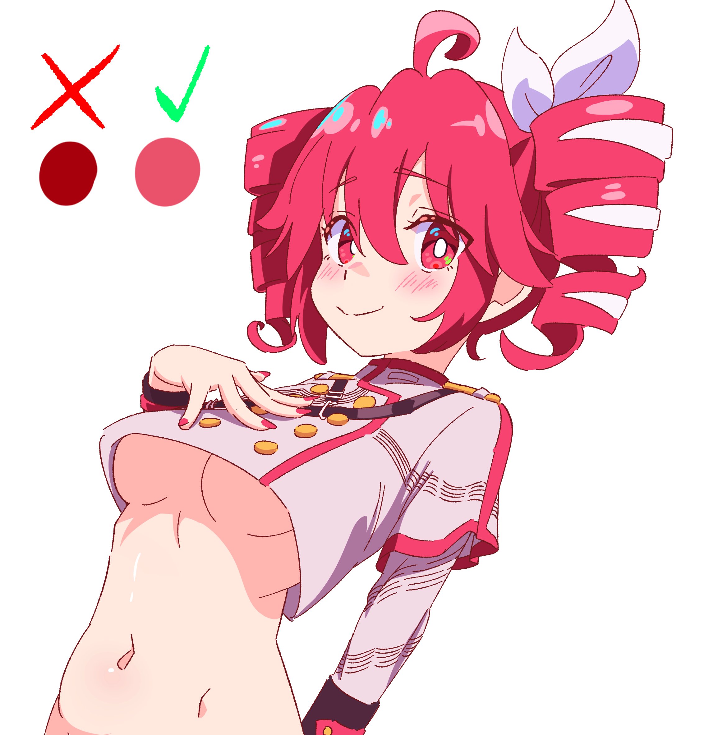 1girls, 2d, 2d (artwork), ahoge, belly, big breasts, blush, blush lines, bottomless, breasts, clothed, clothed female, clothing, crop top, cropped jacket, female, female only, hair ornament, hairbow, hand on breast, hand on own chest, kasane teto, kasane teto (sv), large breasts, looking at viewer, midriff, nail polish, navel, no bra, painted nails, petite, petite body, petite female, posing, red eyes, red hair, red nails, rivetingroast, simple background, skinny, skinny female, slim girl, slim waist, smile, solo, solo female, synthesizer v, twin drills, underboob, upper body, upper body focus, utau, white background
