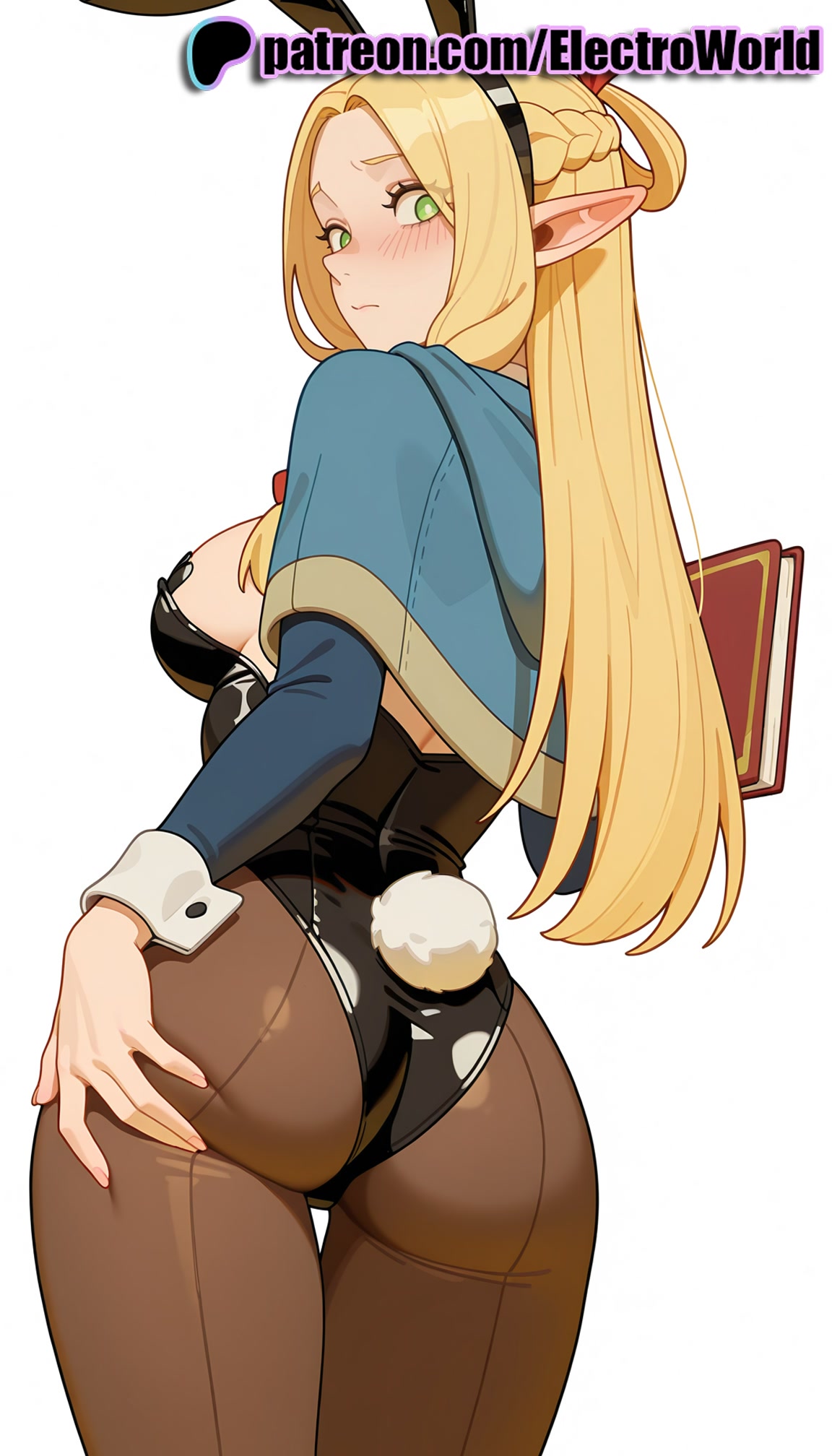 1girls, 2025, ai generated, animal ears, artist name, ass, ass grab, ass support, blonde hair, blush, breasts, brown legwear, bust, chest, dungeon meshi, electroworld, elf, fake animal ears, fake tail, female, green eyes, hi res, high quality, high resolution, highres, hood, hood down, leotard, long hair, looking back, marcille donato, pantyhose, patreon, patreon username, playboy bunny, pointy ears, rabbit ears, rabbit tail, solo, stable diffusion, tail, watermark